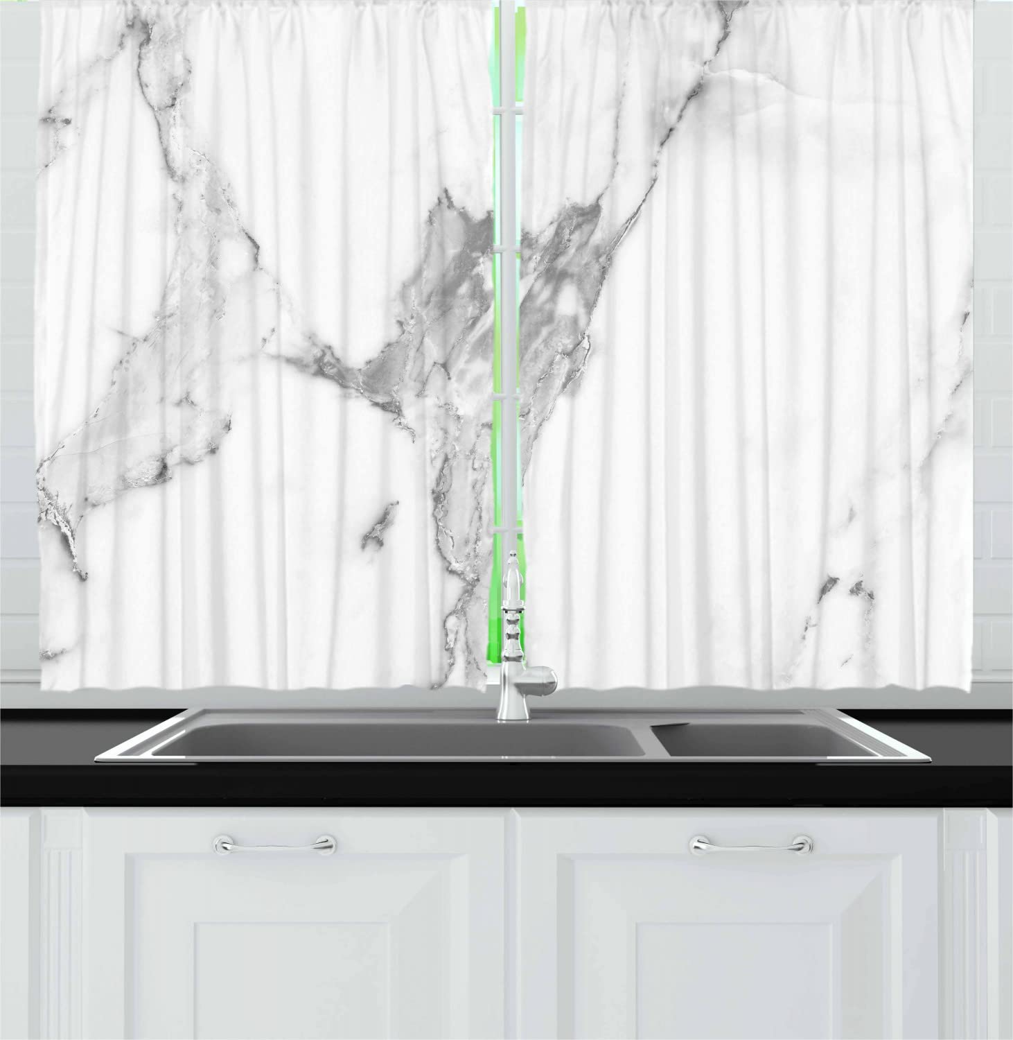 Ambesonne Marble Print Long Kitchen Curtains - Abstract Stained Pattern, Natural Textured Architectural Design, Grey White Dust - 55