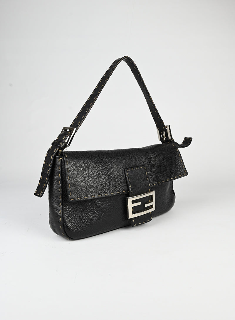 Fendi Selleria Black Baguette Bag - Luxury Leather Handbag for Women, Perfect for Parties, Work & Everyday Use
