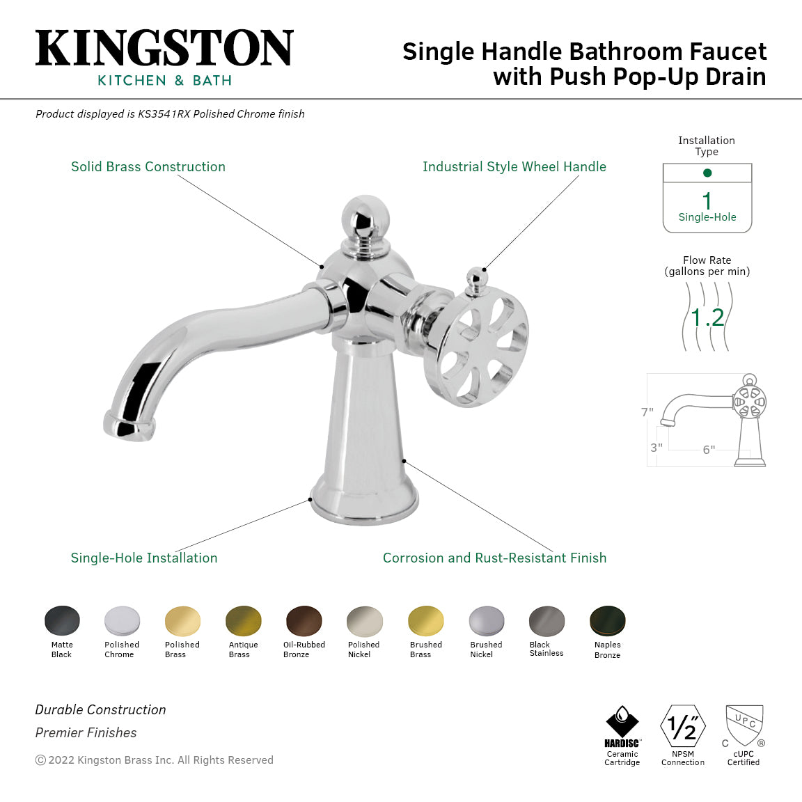 Belknap KS354RXNB Single Handle 1-Hole Bathroom Sink Faucet with Push Pop-Up Drain in Naples Bronze - Perfect for Modern Bathroom Vanities and Powder Rooms