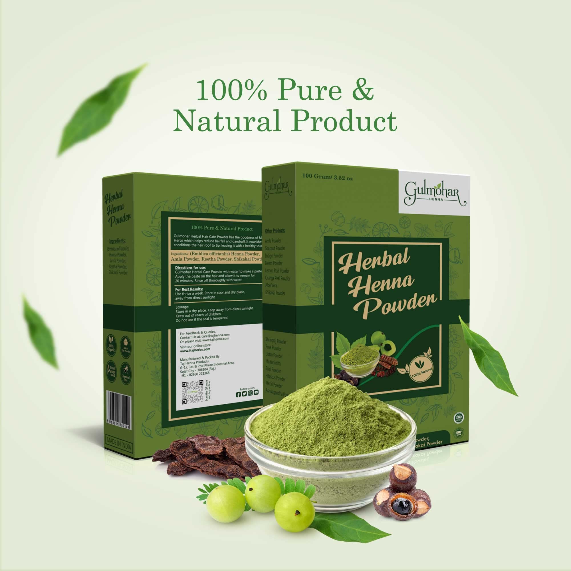 Gulmohar 100% Organic Herbal Henna Powder for Natural Hair Color & Conditioning - 100g | Chemical-Free Gray Coverage & Hair Treatment for Women & Men | Perfect for At-Home Hair Dyeing & Ayurvedic Care