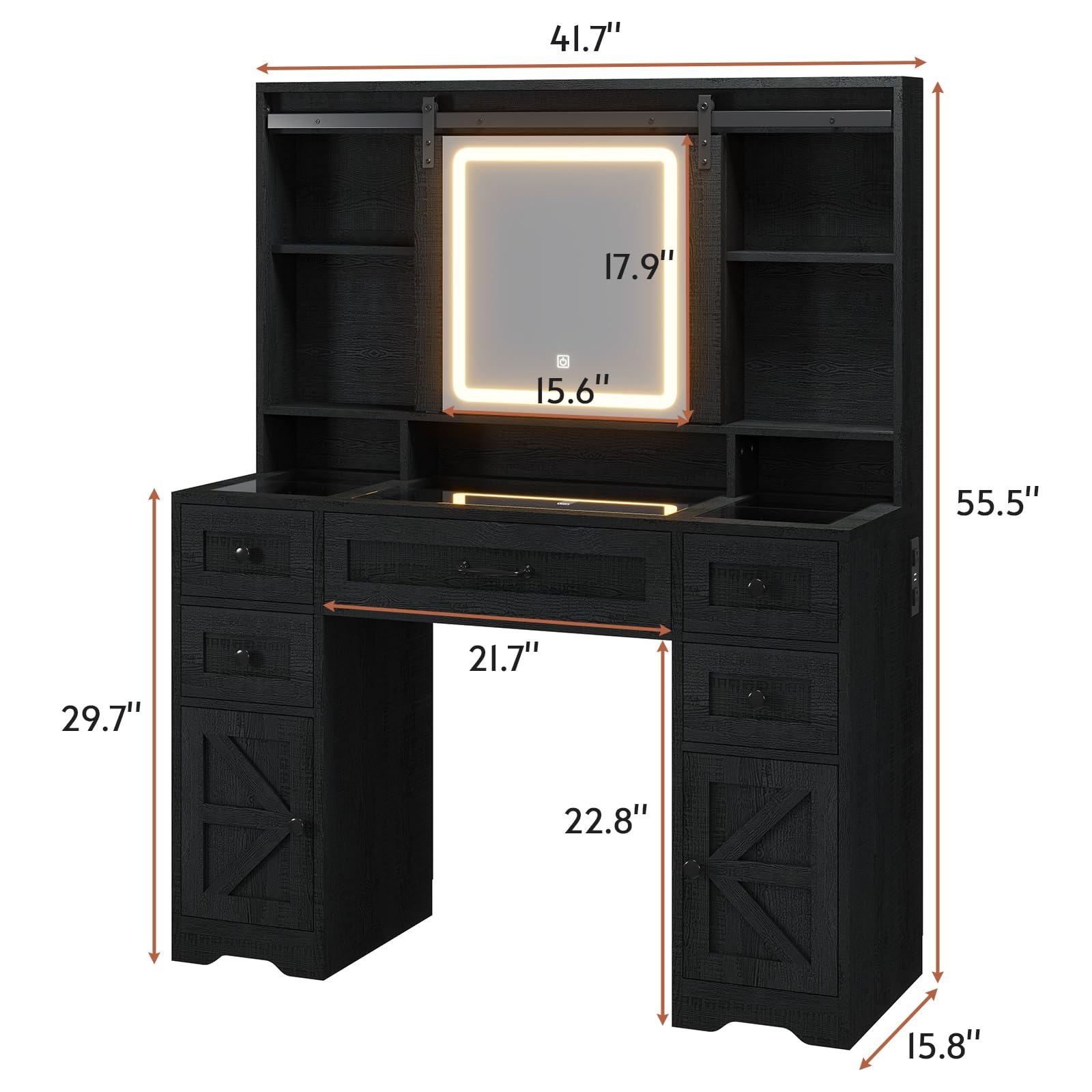 Farmhouse Makeup Vanity with LED Lights & Sliding Mirror - Glass Top Vanity Desk with USB Charging Station - Large Makeup Table with 5 Drawers, Shelves & Cabinets - Wood-Grain Black Finish - Perfect for Bedroom, Dressing Room & Bridal Suite Makeup Organization
