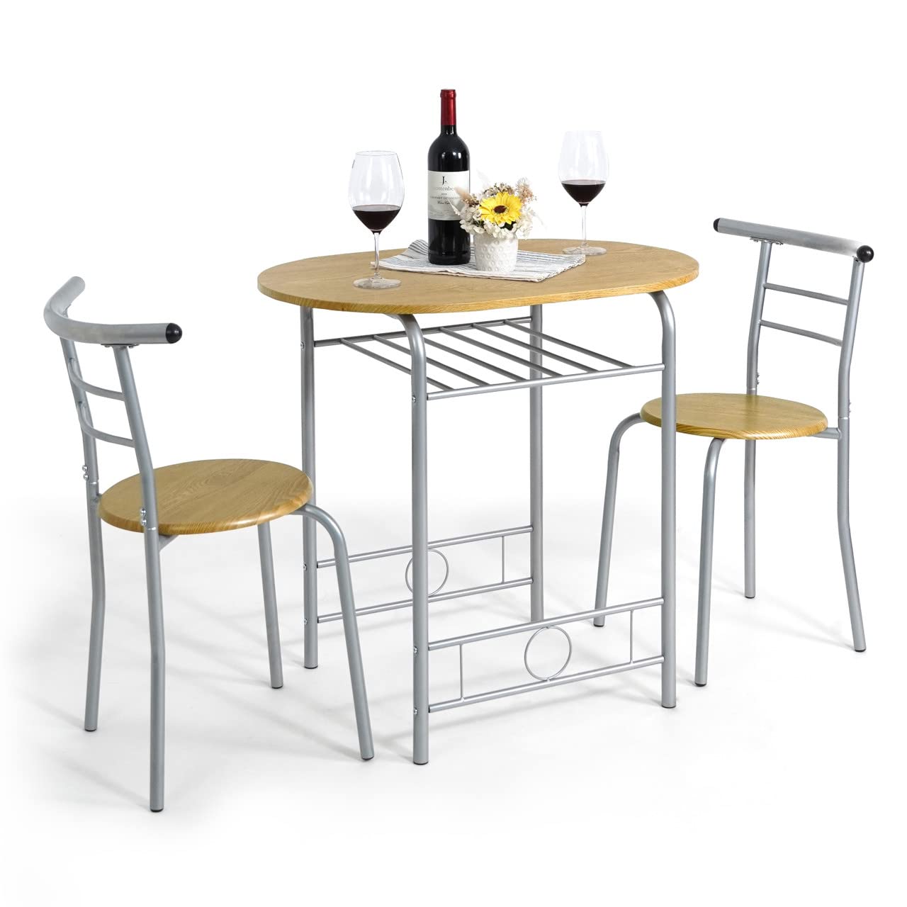 CAPHAUS 3-Piece Dining Set for 2 - Small Kitchen & Patio Table with Steel Frame & Wine Rack - Natural Oak Round Dining Table Set - Perfect for Outdoor Dining, Small Spaces & Apartment Living