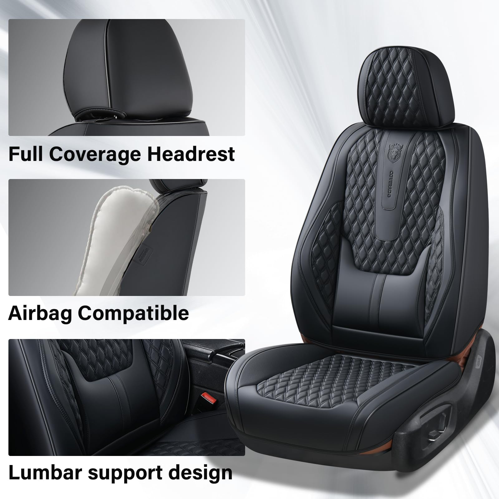 Premium Front Seat Covers for Cars - Universal Fit Nappa Leather Car Seat Protectors with Lumbar Support | Waterproof & Durable Auto Accessories for SUV, Truck, Sedan | Perfect for Daily Commute, Road Trips & Family Travel (Black, Front Seats)