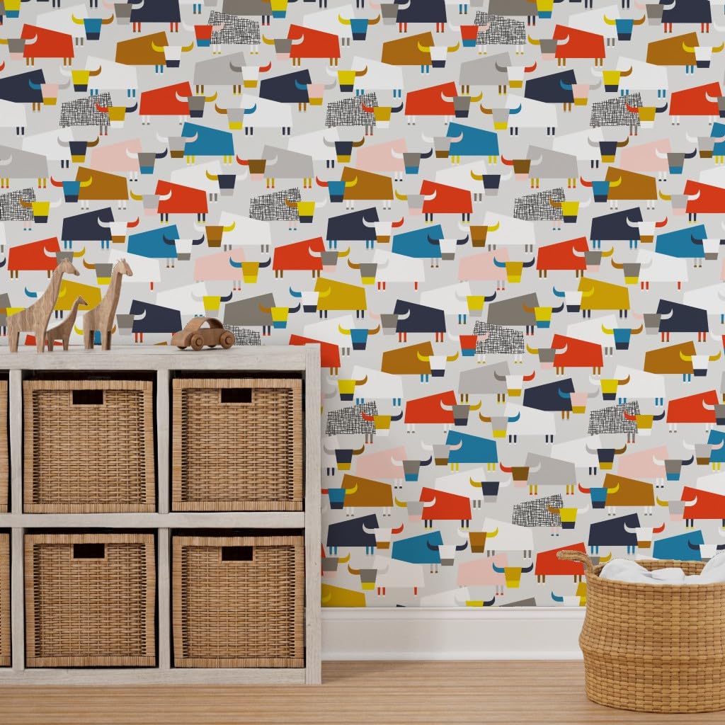 12ft x 2ft Removable Nature Animal Western Wallpaper - Gender Neutral Horns Chinese Zodiac Custom Pre-Pasted Peel & Stick Wallpaper by Spoonflower | Perfect for Nursery, Bedroom, Dorm, and Home Decor