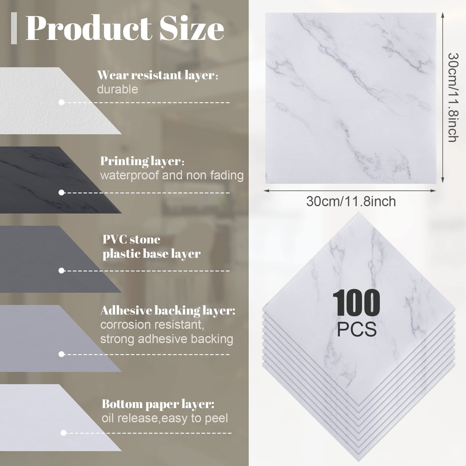 100-Pack Spiareal Self-Adhesive Peel & Stick Vinyl Floor Tiles 12x12 Inch - Waterproof Removable Flooring Stickers for Kitchen, Bedroom, Bathroom, Basement (Marble Design) - Easy DIY Home Renovation & Rental Apartment Upgrade