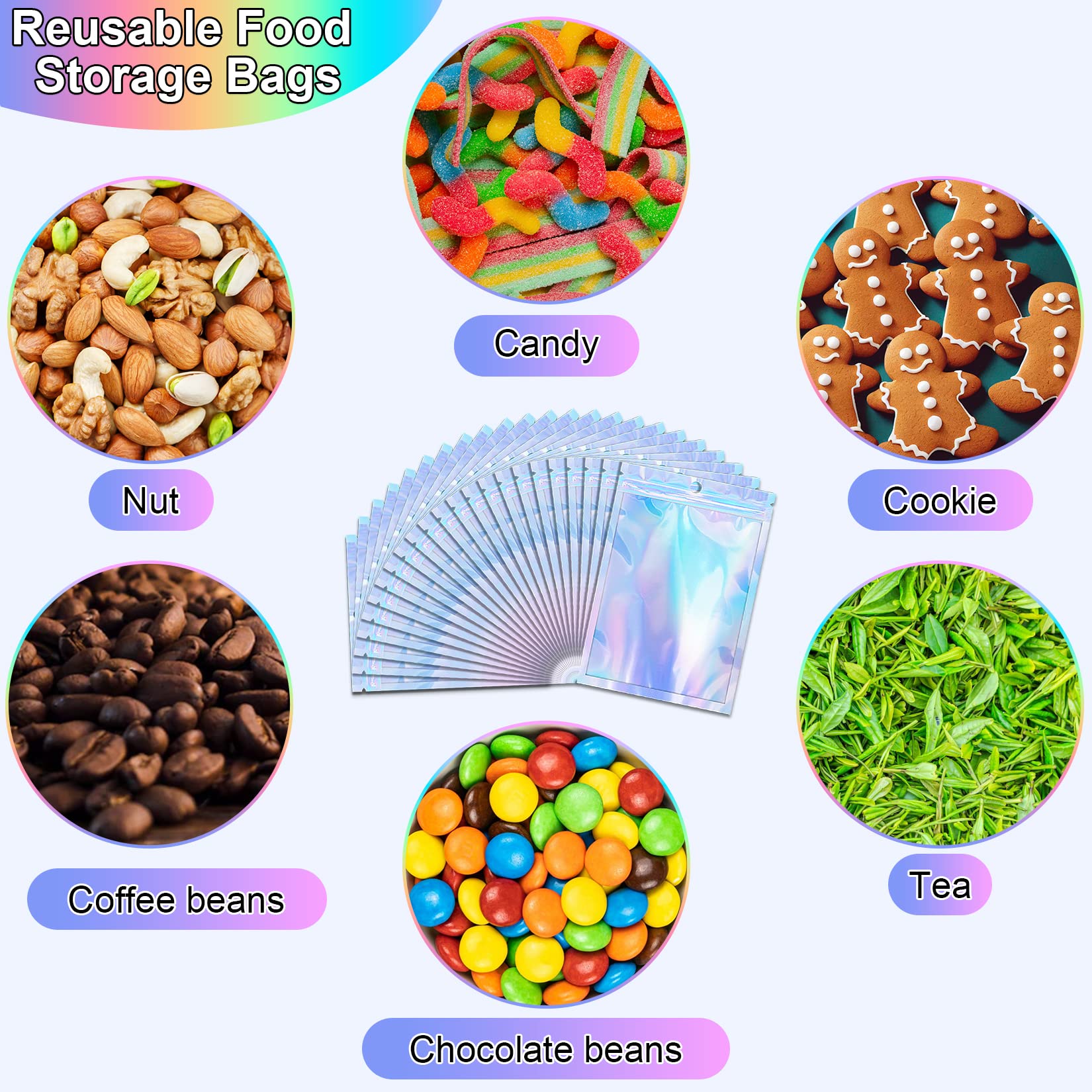 100 Pack 4x6 Inch Holographic Mylar Bags - Resealable Smell Proof Zipper Bags for Food Storage & Small Business Packaging | Perfect for Candy, Snacks, Jewelry & Craft Supplies Organization