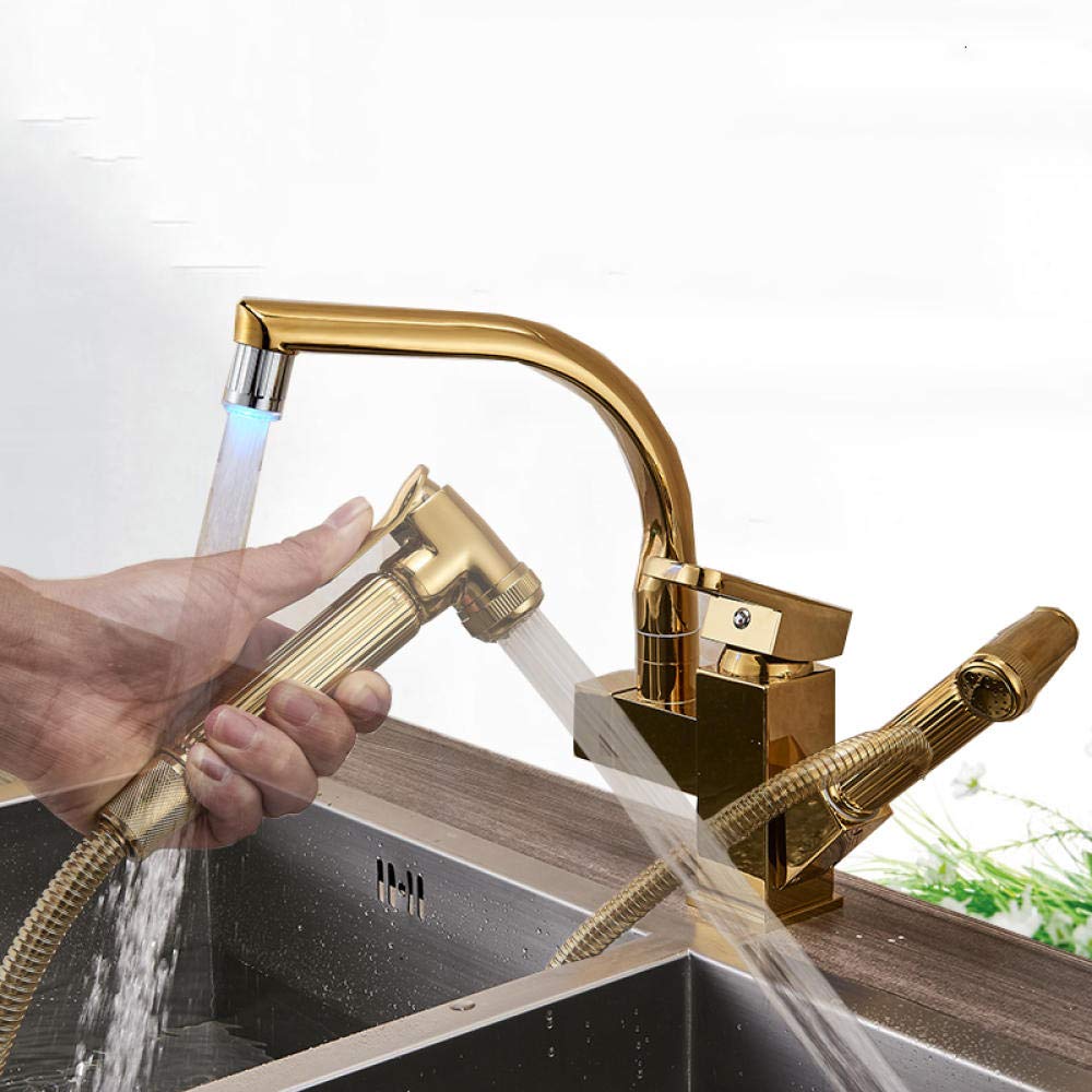 Gold Single Handle Kitchen Faucet Mixer Tap with Dual Swivel Spouts, Pull-Out Spray for Hot & Cold Water, Ideal for Modern Home Cooking and Cleaning