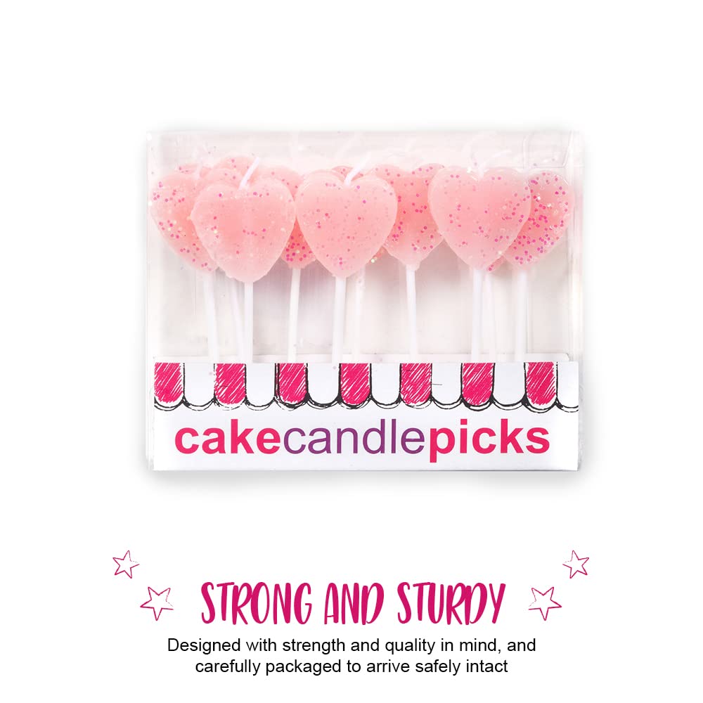 Sparkling Pink Heart-Shaped Picks Candles for Wedding Decorations, Birthday Parties & Romantic Events - 12 Pack