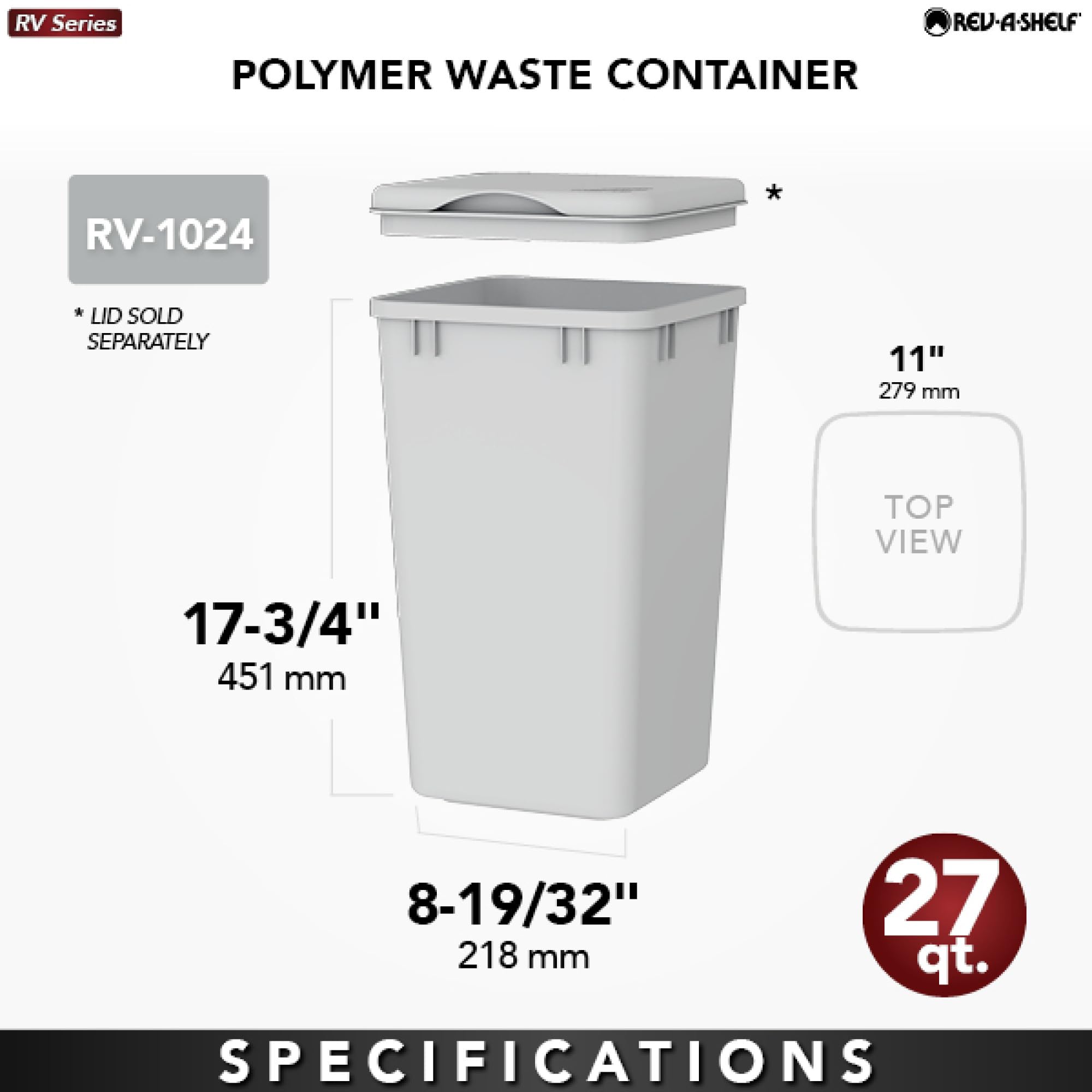 Rev-A-Shelf Rv-1024-17 27 Quart Replacement Container - Durable Metallic Silver Storage Bin for Kitchen Cabinets & Pantry Organization (Perfect for Food Storage, Spices & Household Items)