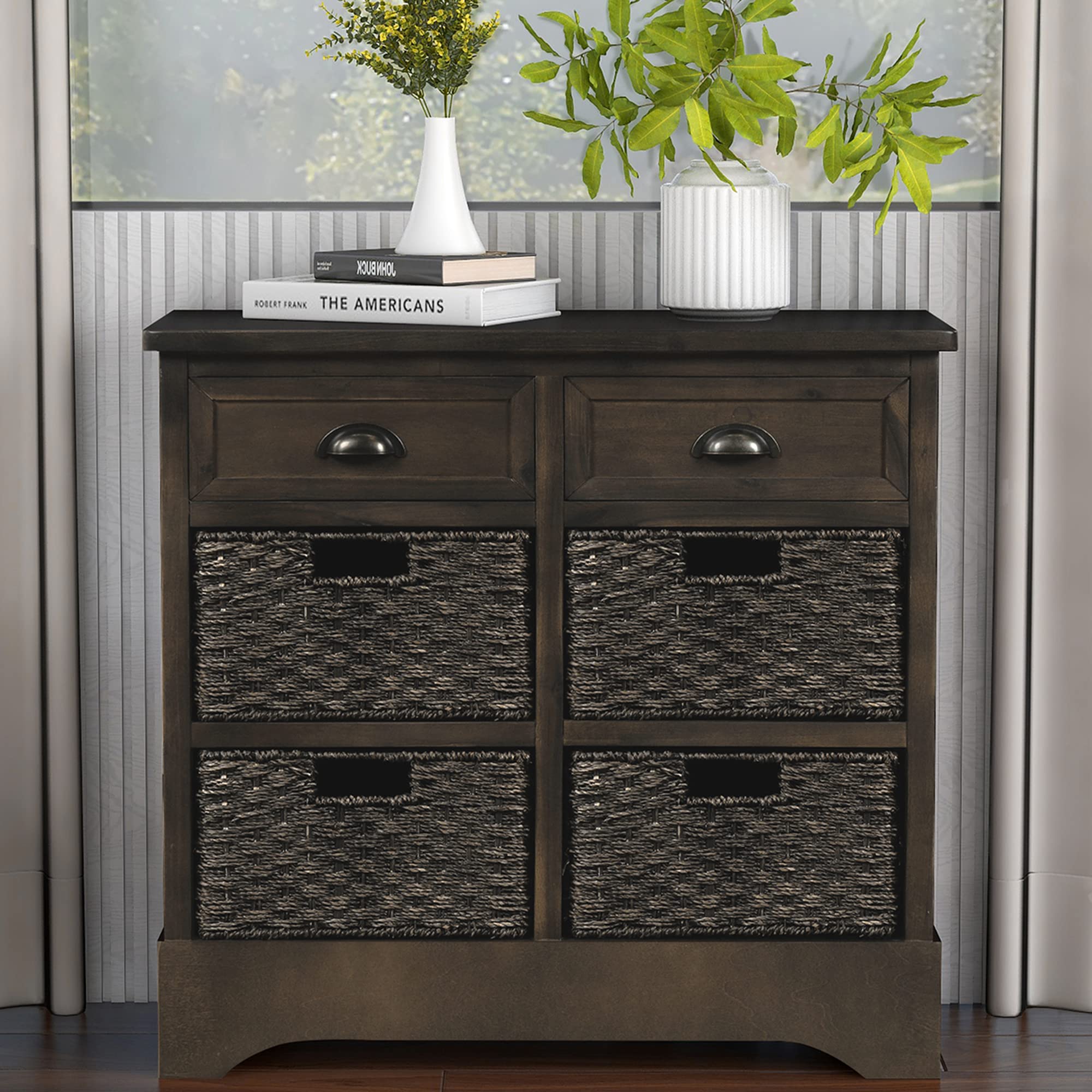 Rustic Wooden Storage Cabinet with 2 Drawers & 4 Rattan Baskets - Farmhouse Kitchen Sideboard for Dining Room & Living Room Storage - Light Gray - Perfect for Organizing Dishes, Linens & Home Decor