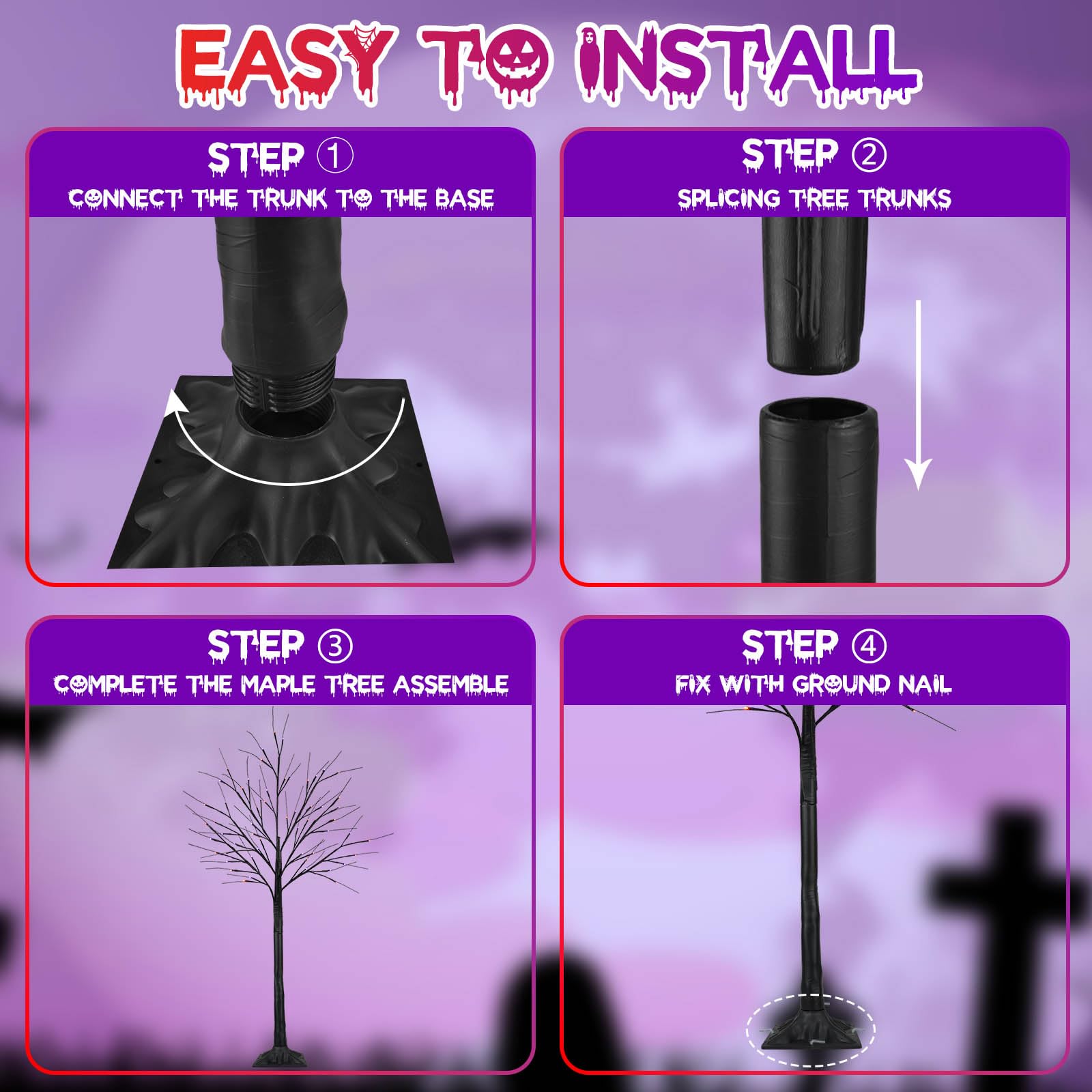 2-Pack 6FT 300LED Black Halloween Tree Lights with Timer - Purple & Orange Spooky Lights for Indoor/Outdoor Halloween Decorations | Perfect for Yard, Porch, Party & Haunted House Displays
