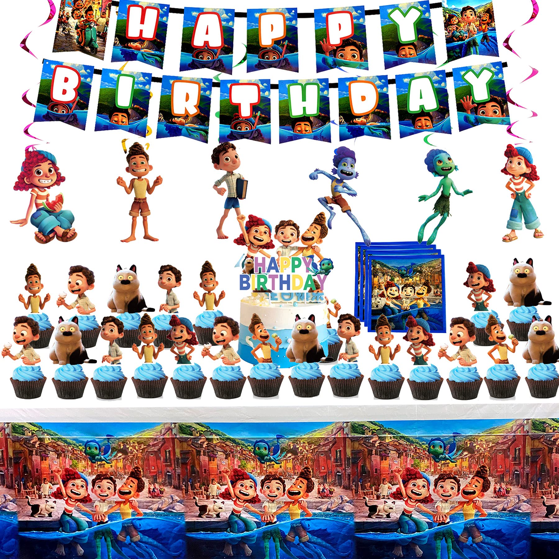 Luca Themed Birthday Party Supplies Set - Tableware Kit, Hanging Swirls, Banner, Cake Topper, Cupcake Toppers, Napkins & Tablecover - Kids Party Decorations & Favors for Disney Movie Themed Celebrations