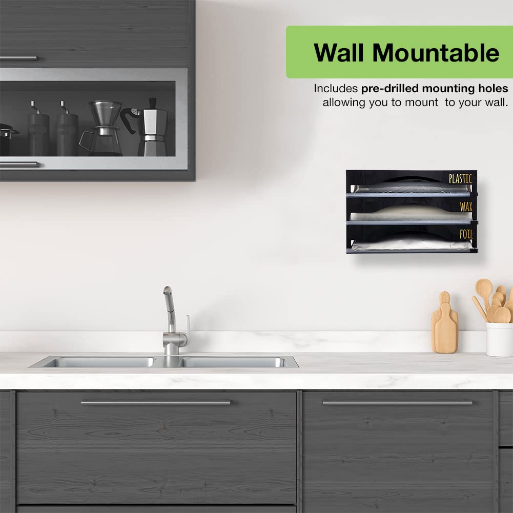 OnDisplay Luxe Acrylic 3-in-1 Plastic Wrap, Wax Paper & Aluminum Foil Dispenser - Wall Mountable or Drawer Organizer (Black) - Perfect for Kitchen Countertop, Pantry & Food Storage Organization