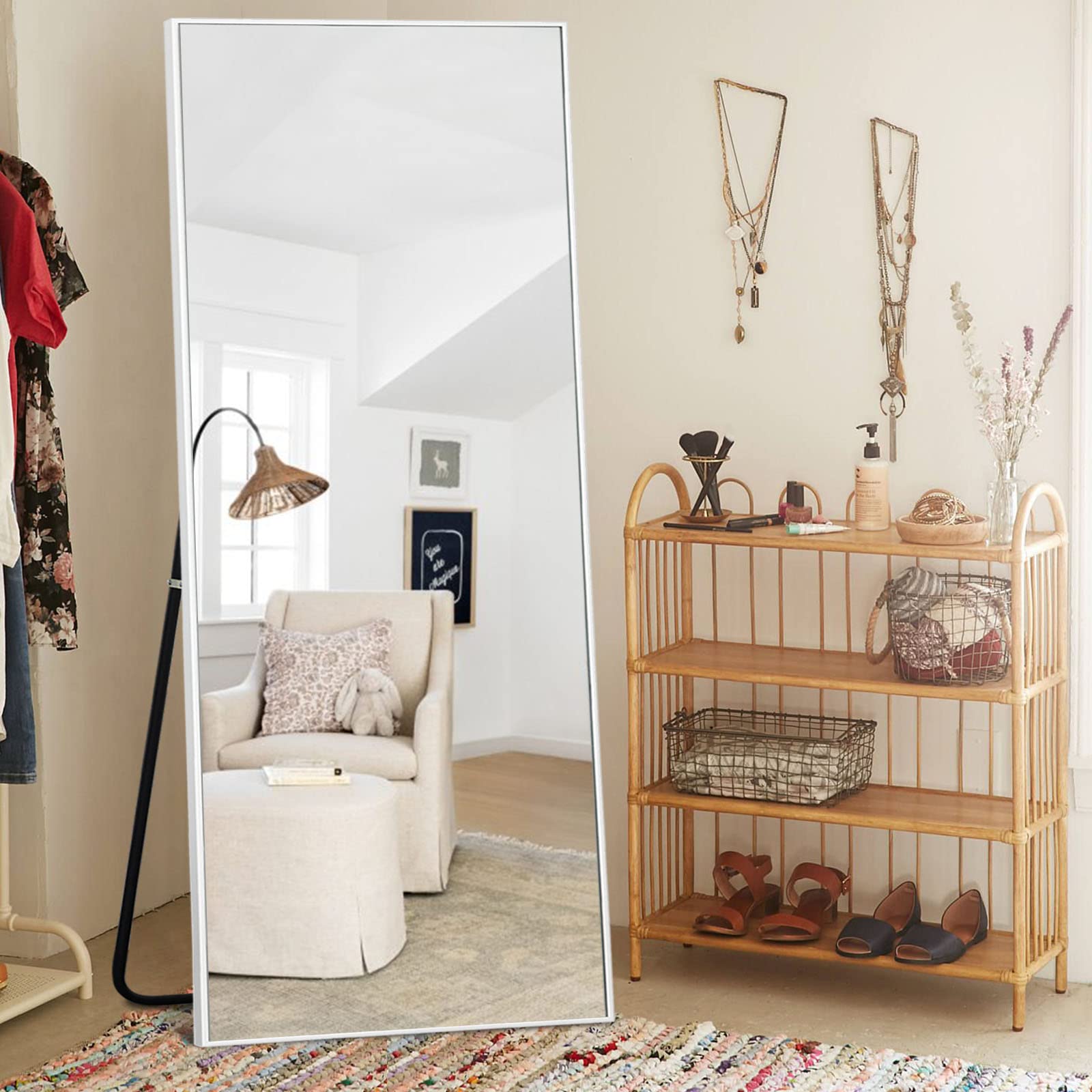PexFix 64x21 Inch Full Length Floor Mirror with Stand - White Full Size Wall Mirror with Aluminum Alloy Frame - Hanging, Standing or Leaning Mirror for Bedroom, Living Room, Dressing Room & Gym