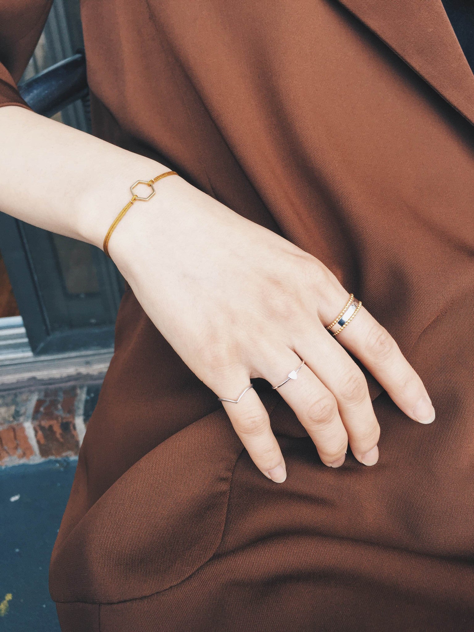 Hexagon Brass Bracelet for Women - Handmade Boho Jewelry with Adjustable Tan Leather Band - Perfect for Casual Wear, Layering & Gift Giving