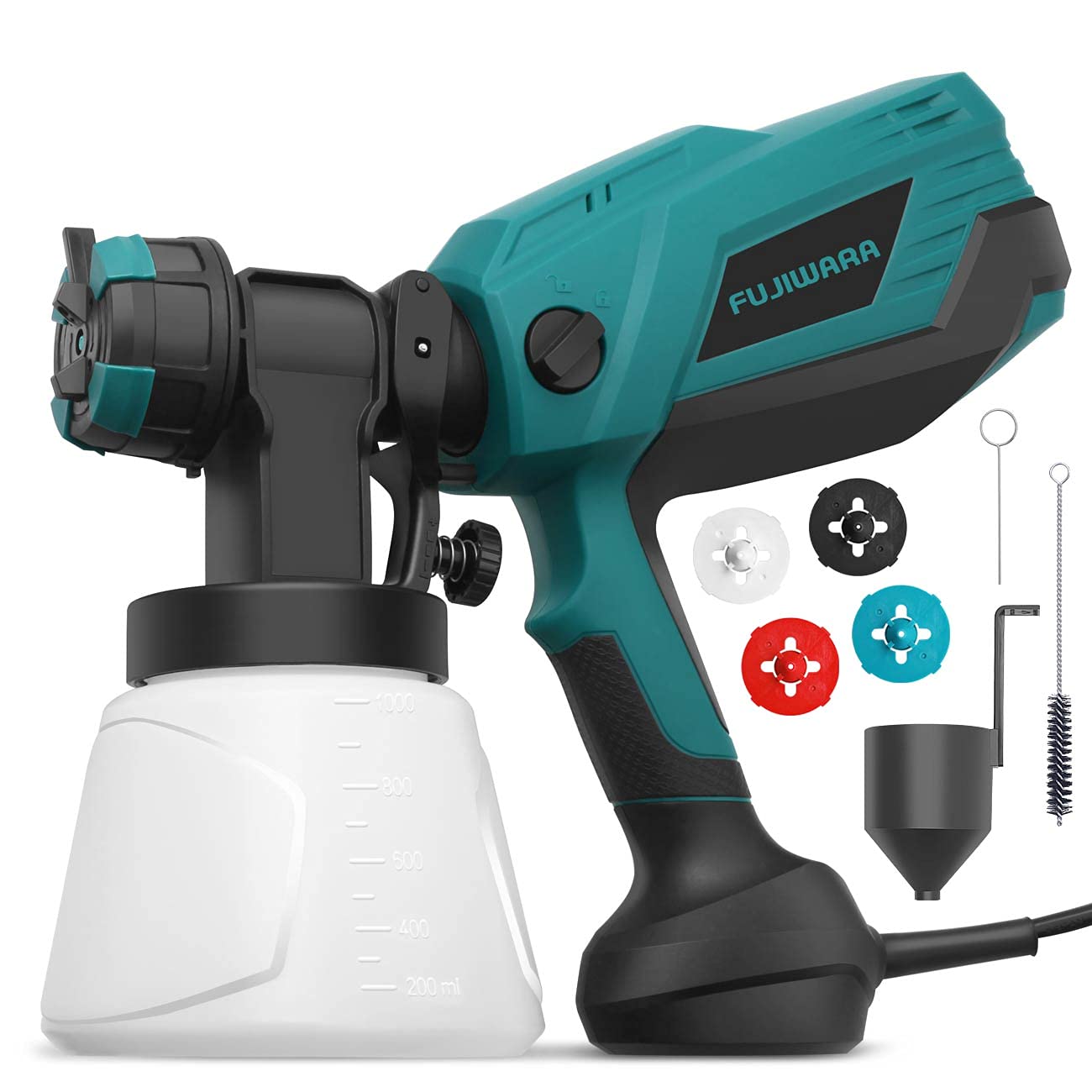 FUJIWARA 700W Electric HVLP Paint Spray Gun with 4 Nozzle Sizes, 1000ml Container & 3 Spray Patterns - Easy Clean for Furniture, Fence, Cabinets, Home Decor | Perfect for DIY Projects, Wall Painting, Wood Refinishing & Automotive Touch-Ups