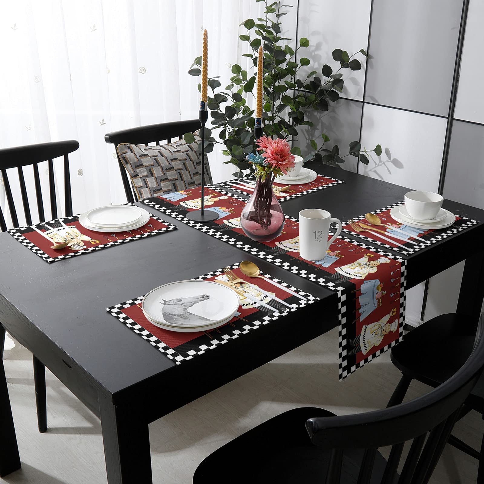 Farmhouse Burlap Table Runner and Placemats Set of 4 - Rustic Kitchen Decor for Chef-Themed Weddings, Parties & Home Dining - Perfect for Farmhouse Style Kitchens and Entertaining Guests
