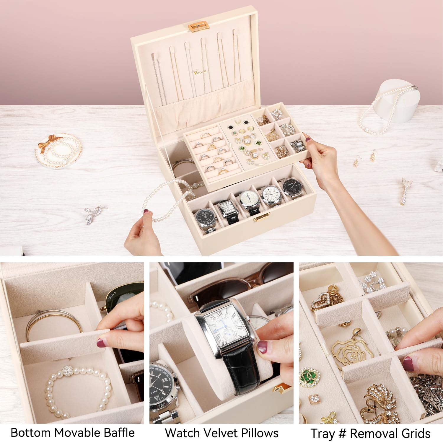 Voova 2-Layer Jewelry Box Organizer for Women & Teens - Large PU Leather Watch Holder with Removable Tray for Jewelry, Sunglasses, Rings, Earrings & Necklaces (Apricot) - Perfect for Bedroom Vanity, Travel & Gift Giving