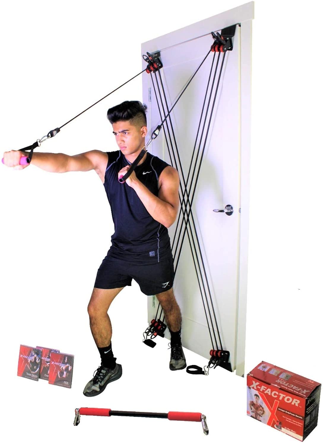 X Factor Door Gym - Complete Home Gym System for Full Body Workout | Strength Training & Resistance Fitness Equipment with Straight Bar, DVD & Workout Chart | Perfect for Home Exercise, Small Spaces & Apartment Workouts