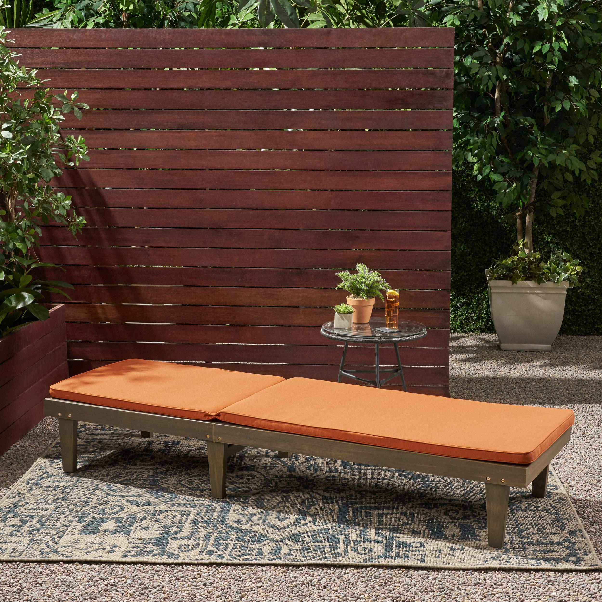 Premium Acacia Wood Outdoor Chaise Lounge with Cushion Set - Gray & Rust Orange - Weather-Resistant Patio Furniture for Poolside, Garden, or Backyard Relaxation