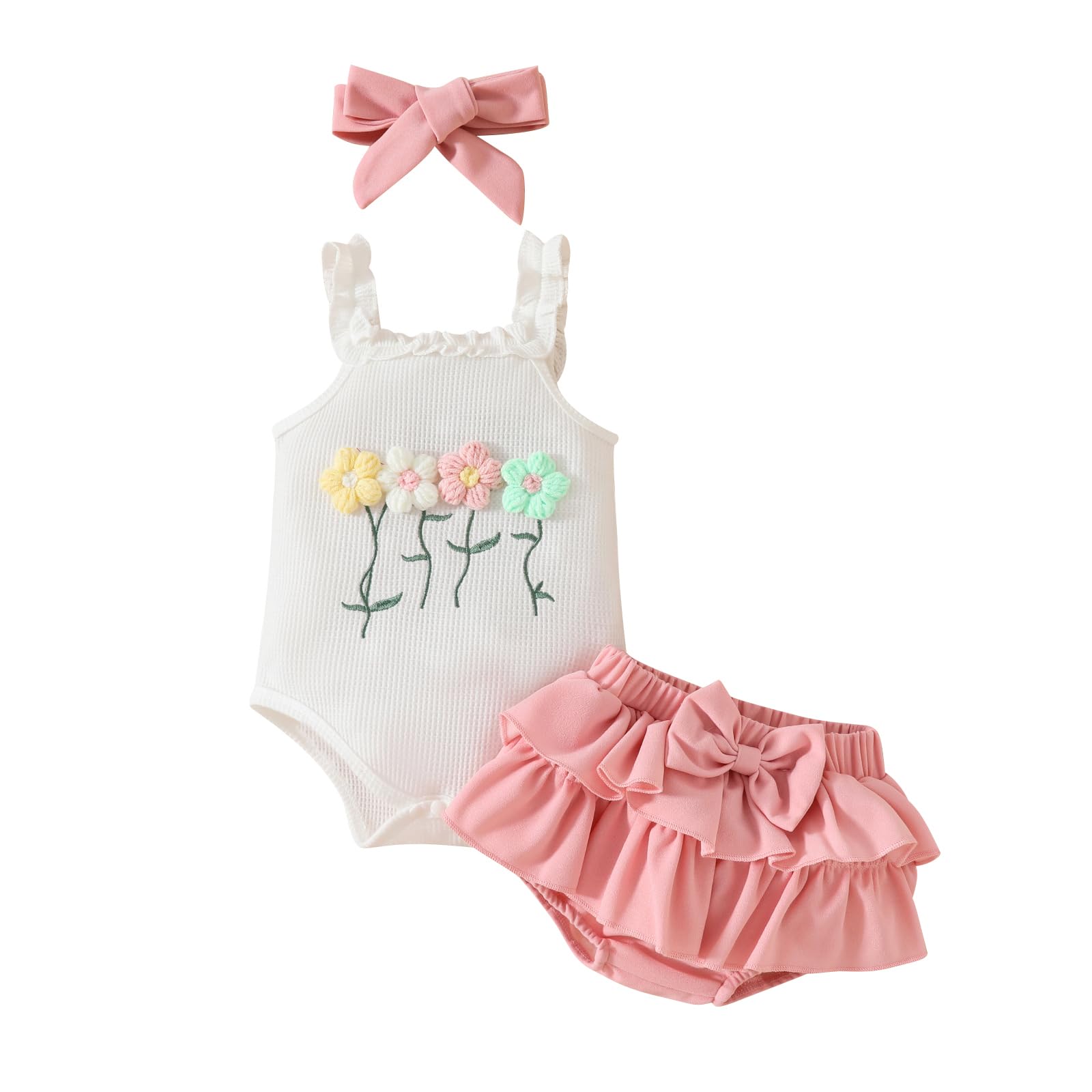 Kuriozud Newborn Baby Girl 2-Piece Summer Outfit Set - Tank Romper Top & Ruffle Bloomer Shorts | Cute Infant Clothes for Playdates & Photo Shoots