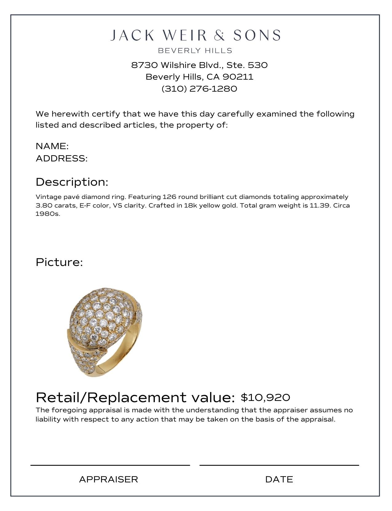 Vintage 3.80 Carat Pave Diamond 18K Yellow Gold Ring for Women - Elegant Wedding, Engagement & Anniversary Jewelry Gift