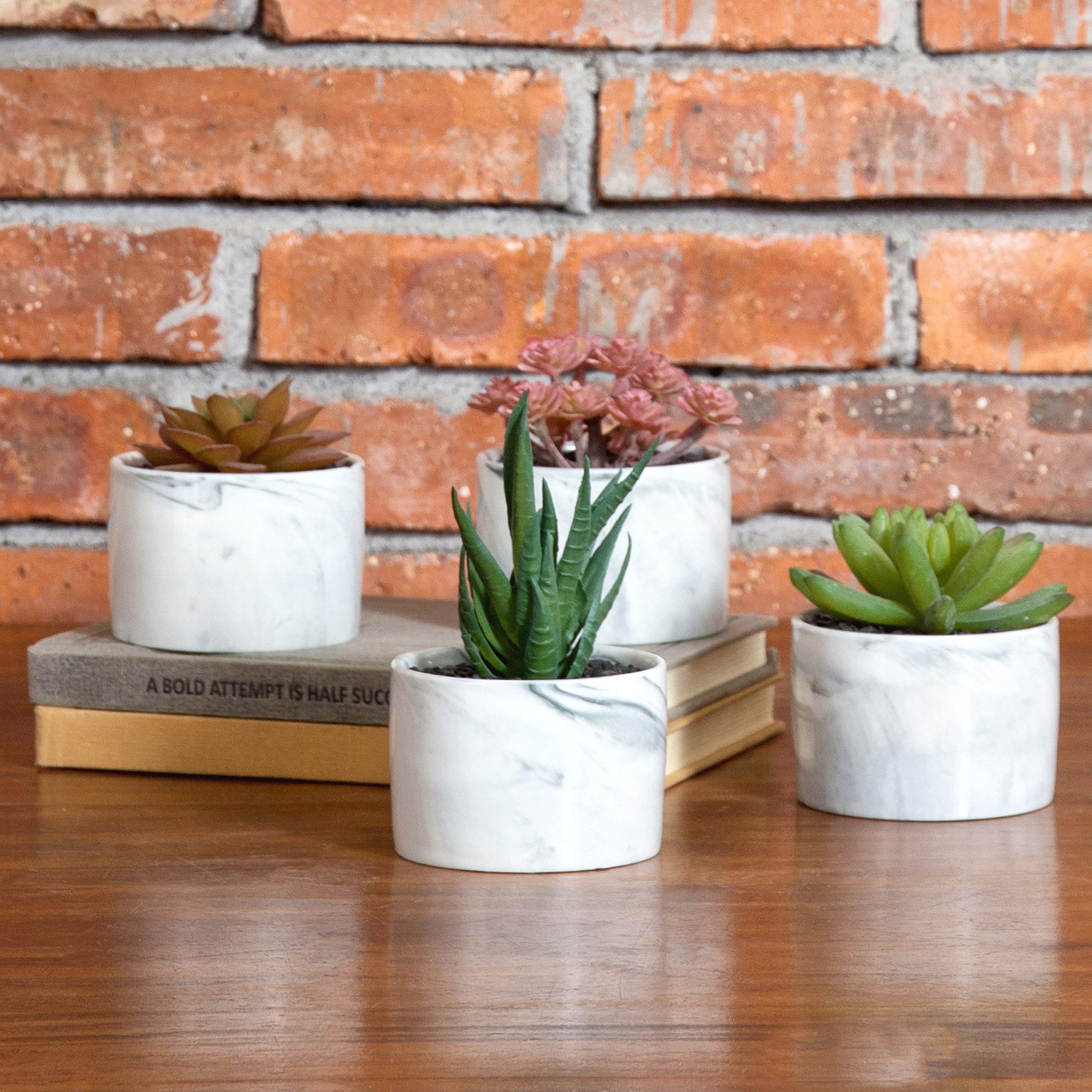 Set of 4 Artificial Succulents in White Marble Ceramic Pots - 3 Inch Fake Plants for Home Decor, Office Desk, Shelf Display & Wedding Centerpieces