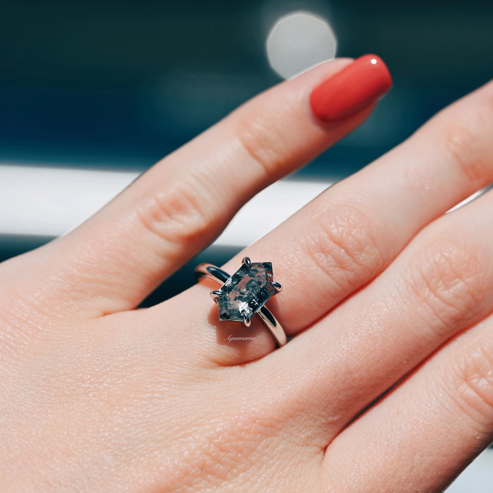 Hexagon Galaxy Raw Salt & Pepper Herkimer Diamond Ring - Sterling Silver Jewelry for Women, Unique Handmade Wedding Engagement Gift, Boho Hippie Style Accessory for Everyday Wear & Special Occasions