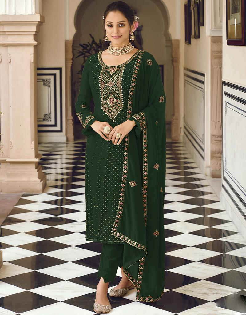 Elegant Bottle Green Faux Georgette Salwar Kameez Pant Set - Traditional Indian Ethnic Wear for Women - Perfect for Weddings, Festivals & Special Occasions