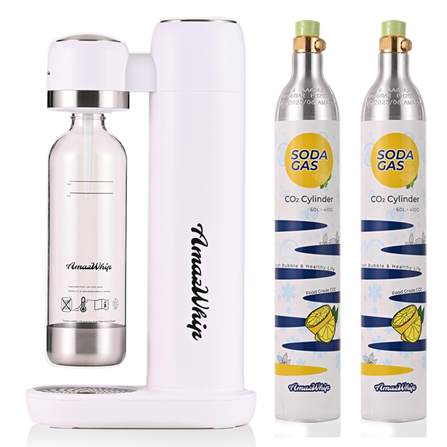 Sparkling Water Maker Machine - Portable Household Soda Maker with Threaded CO2 Gas Cylinders for Homemade Carbonated Drinks | Perfect for Kitchen, Office, Parties & Healthy Hydration (White + 2 Canisters)