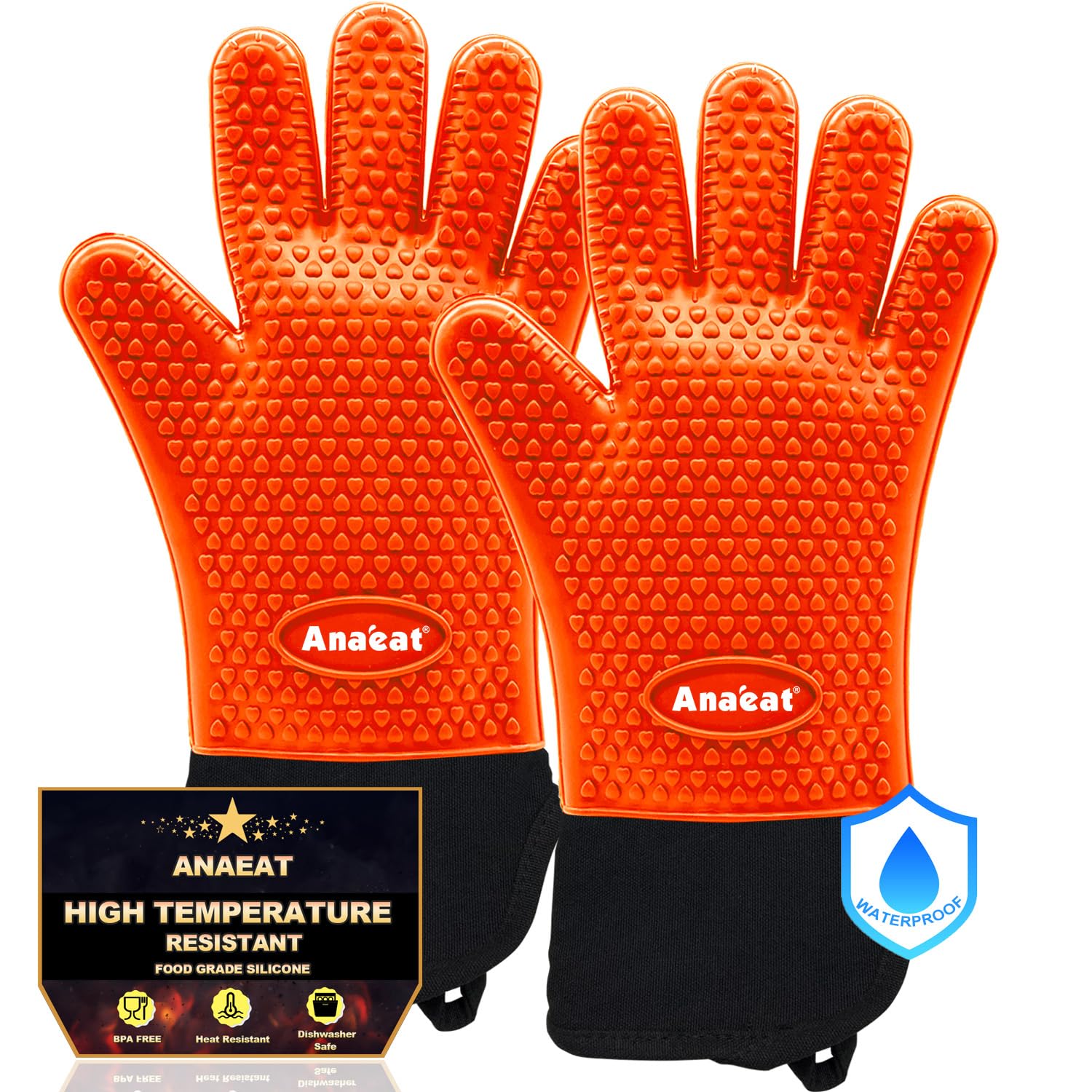 Heat Resistant BBQ Grilling Gloves - Waterproof Oven Mitts with Cotton Lining for Barbecue, Baking & Cooking - Flexible Silicone Potholder with Long Wrist Protection (Orange) - Perfect for Outdoor Grilling, Kitchen Baking & Hot Food Handling