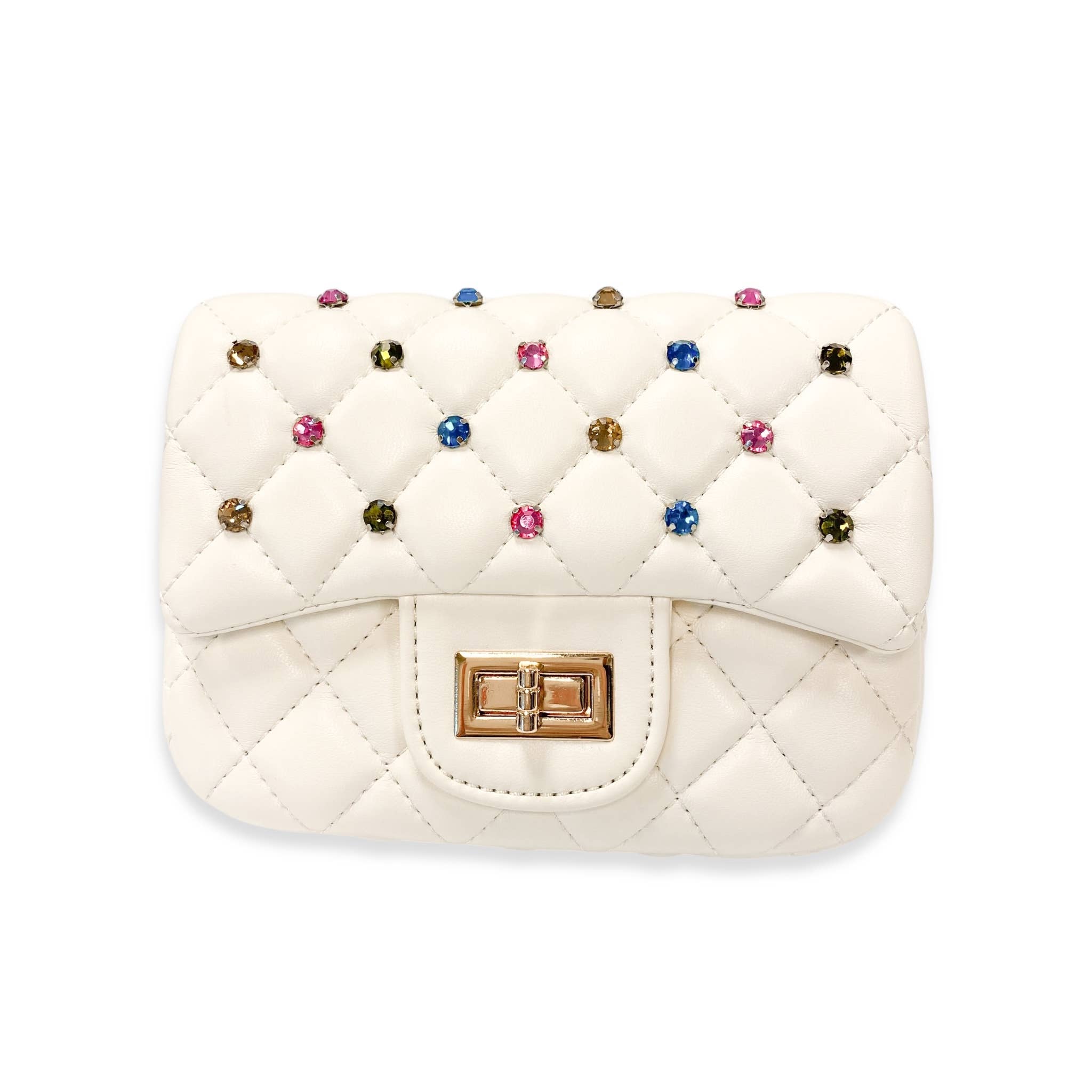 Stylish Colorful Gems Quilted Handbag in Cream - Elegant Women's Fashion Purse for Parties, Weddings & Daily Use