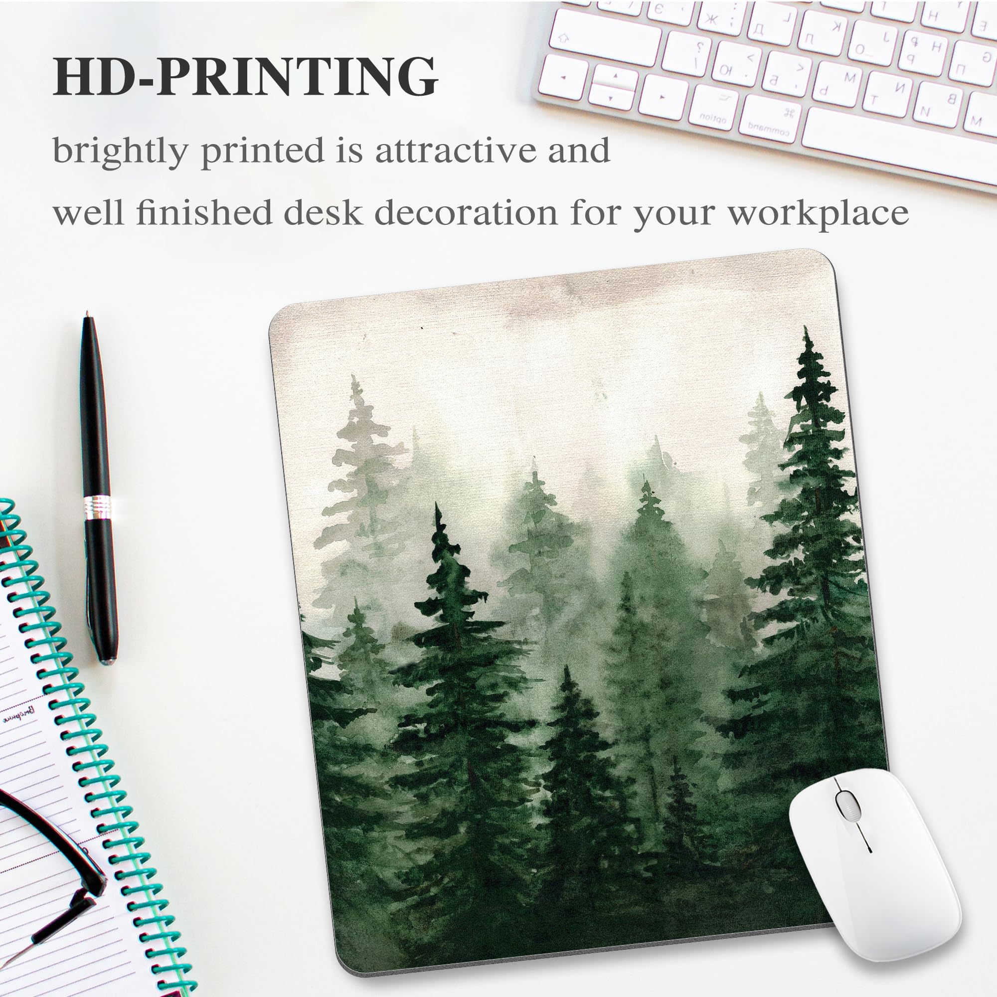 Premium Green Fir Forest Mouse Pad - Non-Slip Rectangular Desk Mat for Laptop, Computer, Gaming & Office | Foggy Mountain Tree Design | Cute Nature Scenery Wireless Mouse Mat | Perfect for Home Office, Gaming Setup & Workspace Decor