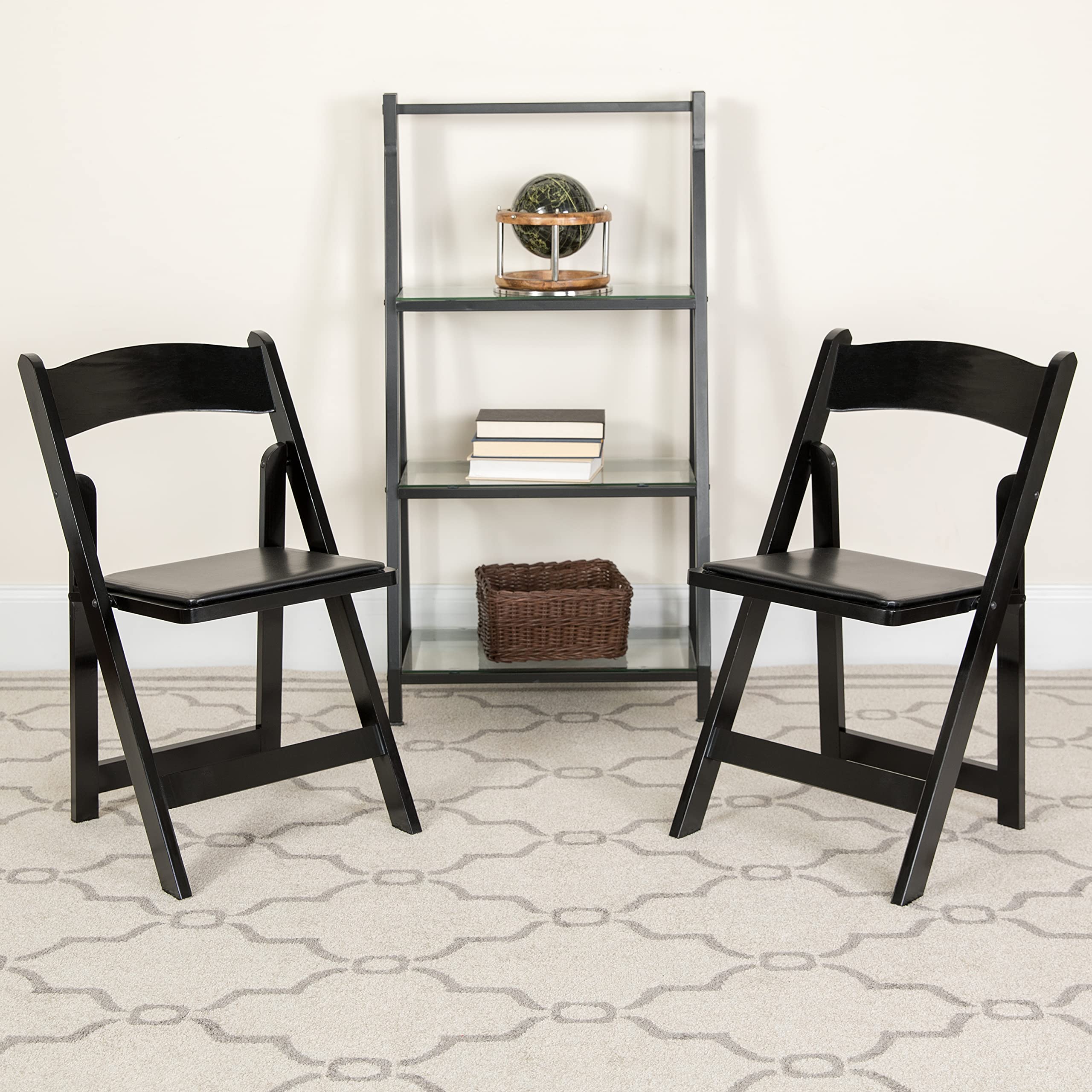 EMMA & OLIVER 2-Pack Black Wood Folding Chairs with Vinyl Padded Seat - Perfect for Dining, Parties, Weddings & Outdoor Events
