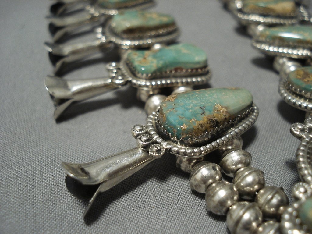 Amazing Vintage Native American Jewelry Navajo Royston Turquoise Sterling Silver Squash Blossom Necklace