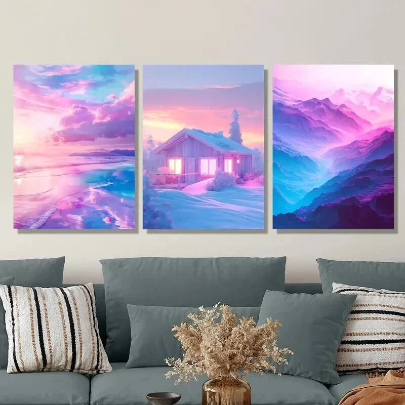 3-Piece Pastel Beach Scenery Metal Wall Art - Pink Coastal Houses Print Set - Ready to Hang Home Decor for Living Room, Bedroom & Office
