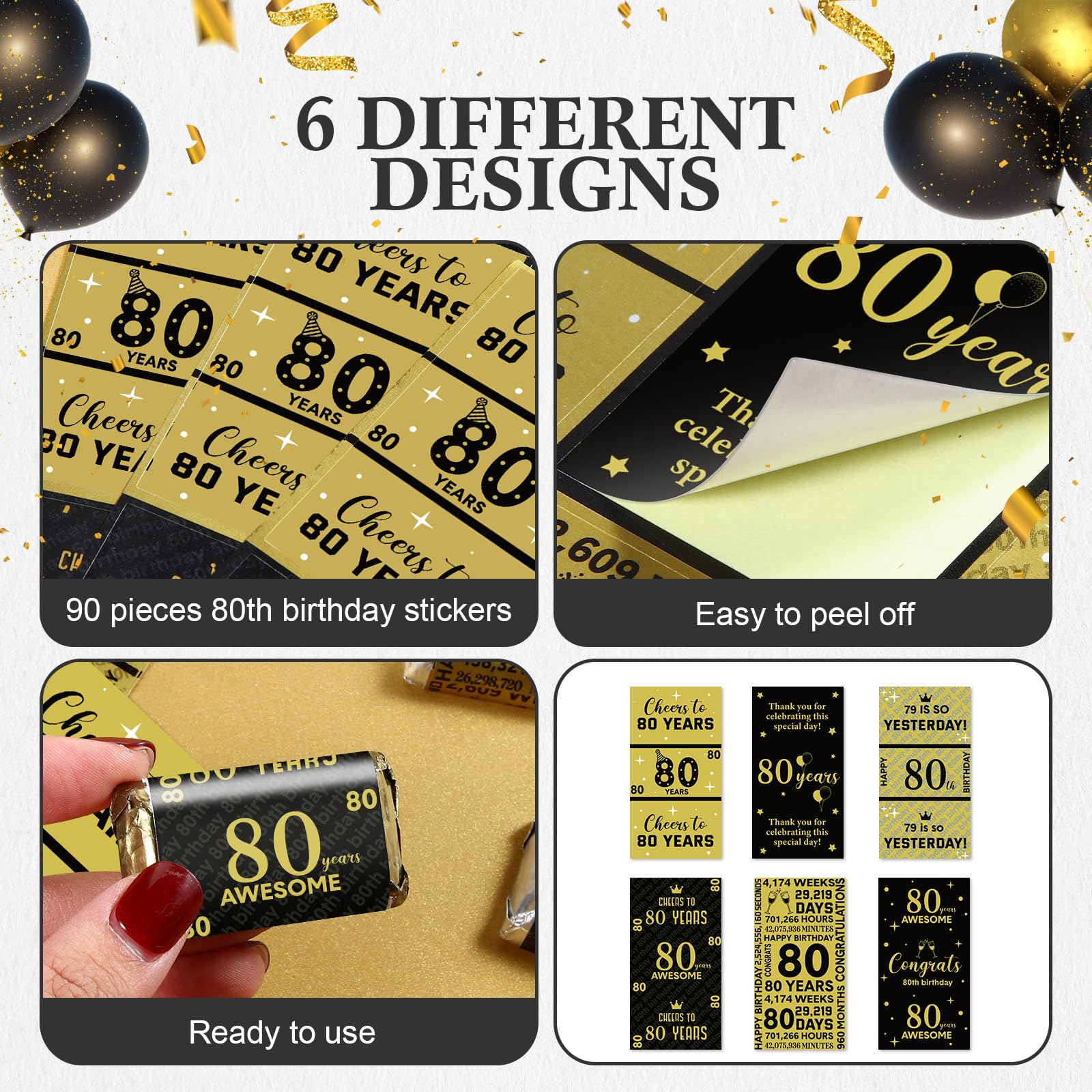 Tenare 90-Piece 80th Birthday Candy Bar Wrappers - Elegant Black & Gold Chocolate Decoration Labels for Anniversary & Birthday Party Supplies | Perfect for Milestone Celebrations, Retirement Parties & Golden Anniversary Decor