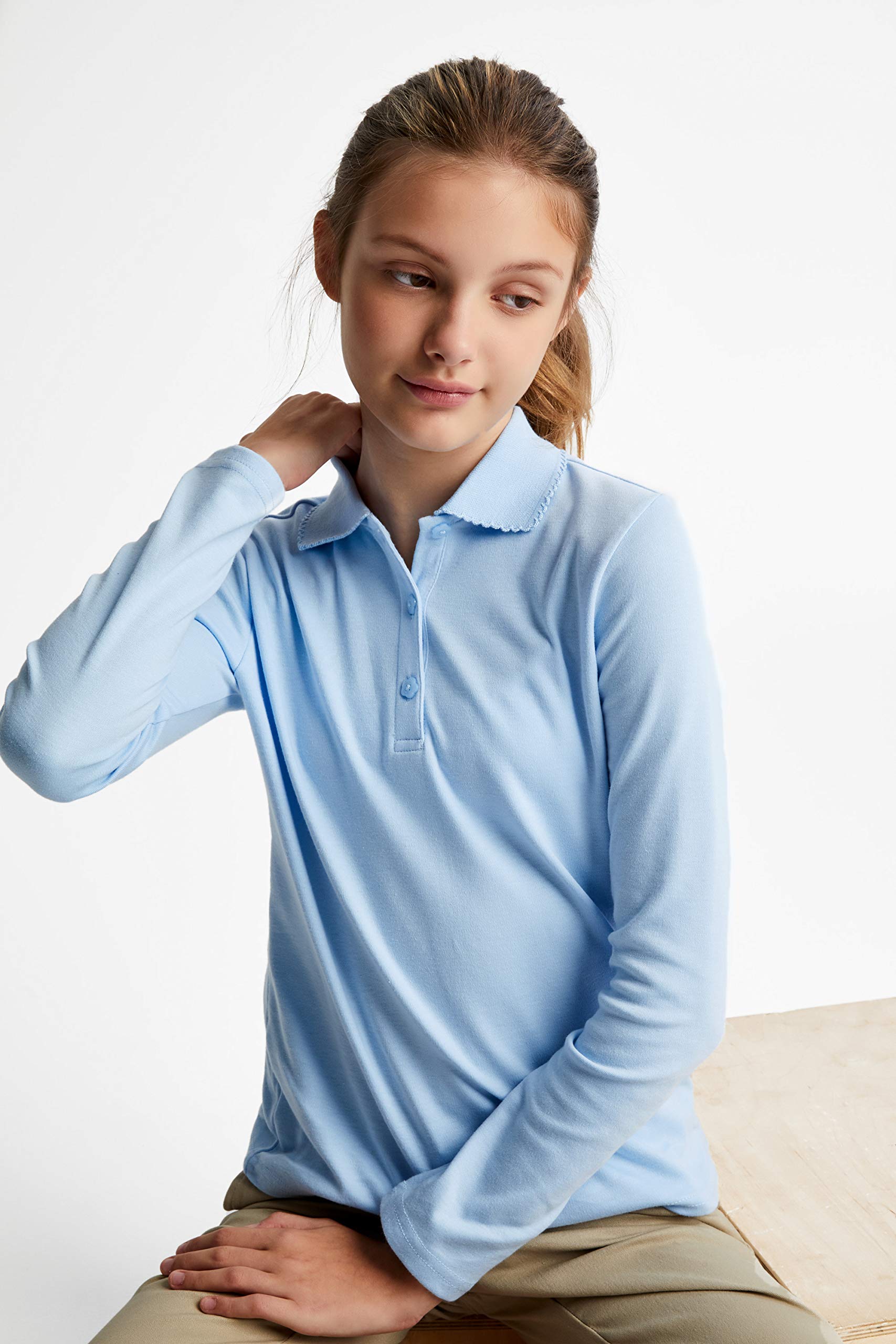 French Toast Girls' Long Sleeve Polo Shirt with Picot Collar - Standard & Plus Sizes - School Uniform, Dress Code & Everyday Wear for Kids