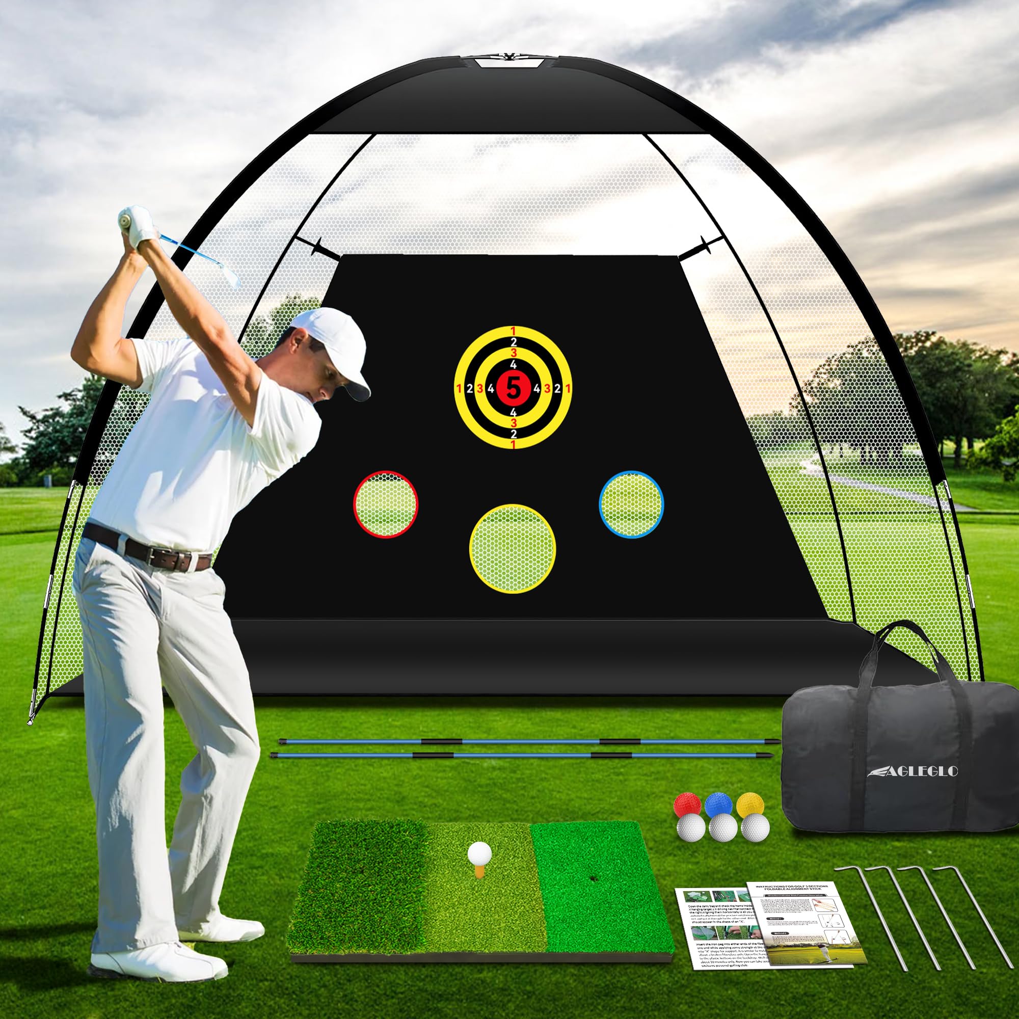 10x7ft Golf Practice Net with Mat & Alignment Sticks - Quick Setup Indoor/Outdoor Driving & Chipping Net - Perfect for Backyard, Garage & Golf Course Training - Durable Golf Accessories for Men & Women