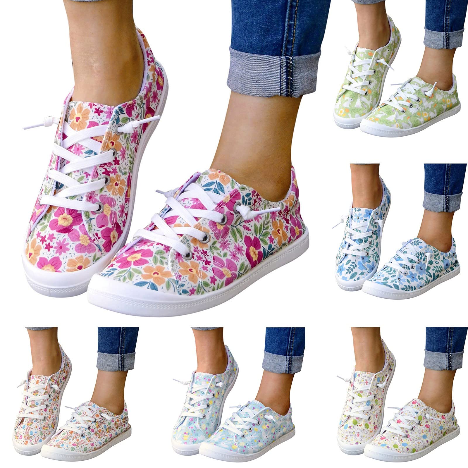 Women's Low Top Lace Up Canvas Sneakers - Comfortable Casual Shoes with Flower Print, Non-Slip Soft Sole for Walking, Work & School | Stylish Flat Shoes for Spring & Autumn Fashion