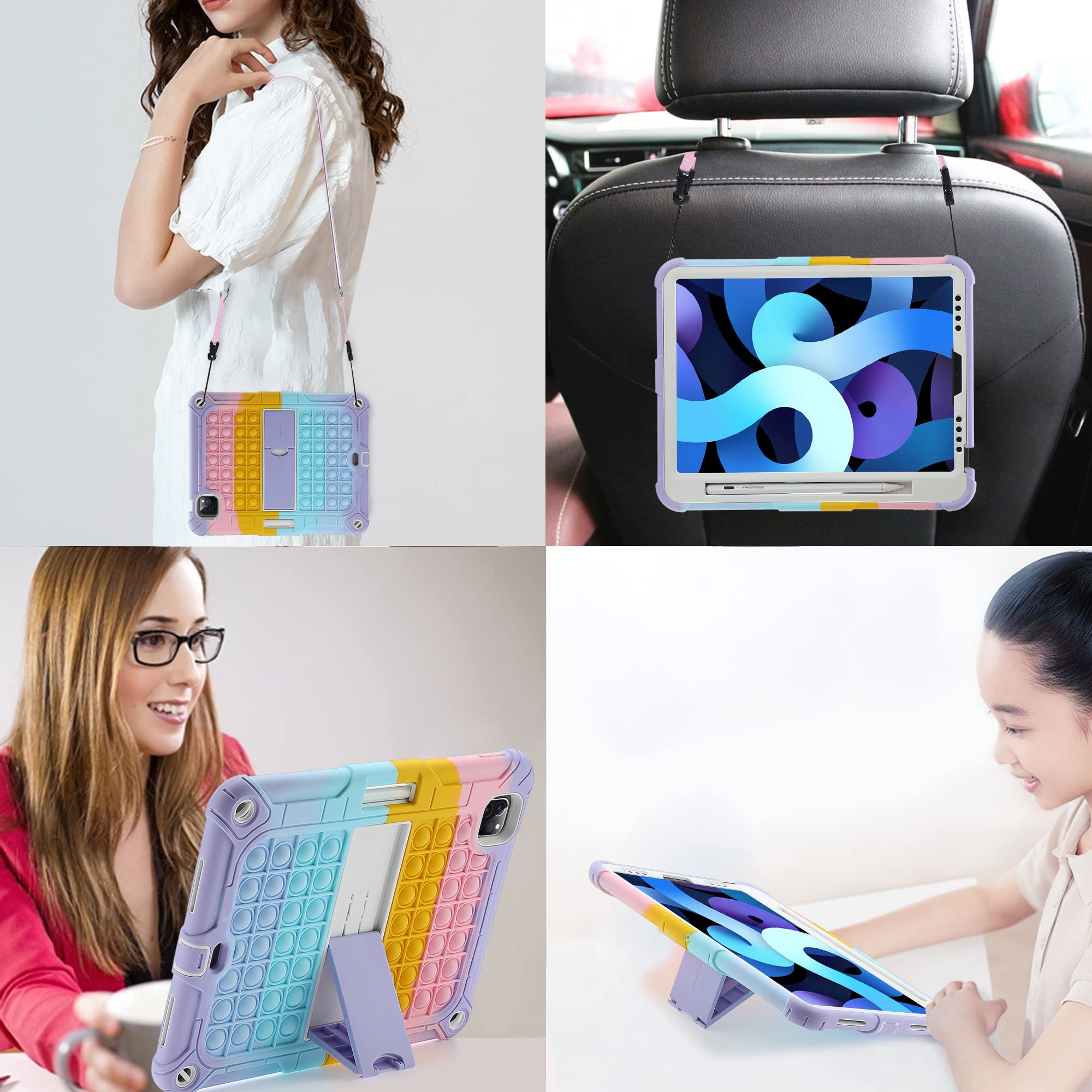 XZC Shockproof iPad Air 5th/4th Generation Case & iPad Pro 11 Inch Case (2018-2022) - 10.9 Inch Protective Cover with Pencil Holder, Kickstand & Shoulder Strap | Rainbow 2 Design | Perfect for Work, Travel & School Use