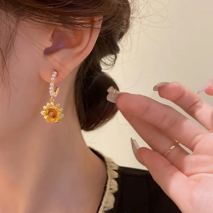 Dainty Sunflower C Hoop Pearl Dangle Earrings for Women | Elegant Floral Jewelry Gift | HE10509 | Perfect for Summer Outfits, Weddings & Boho Fashion