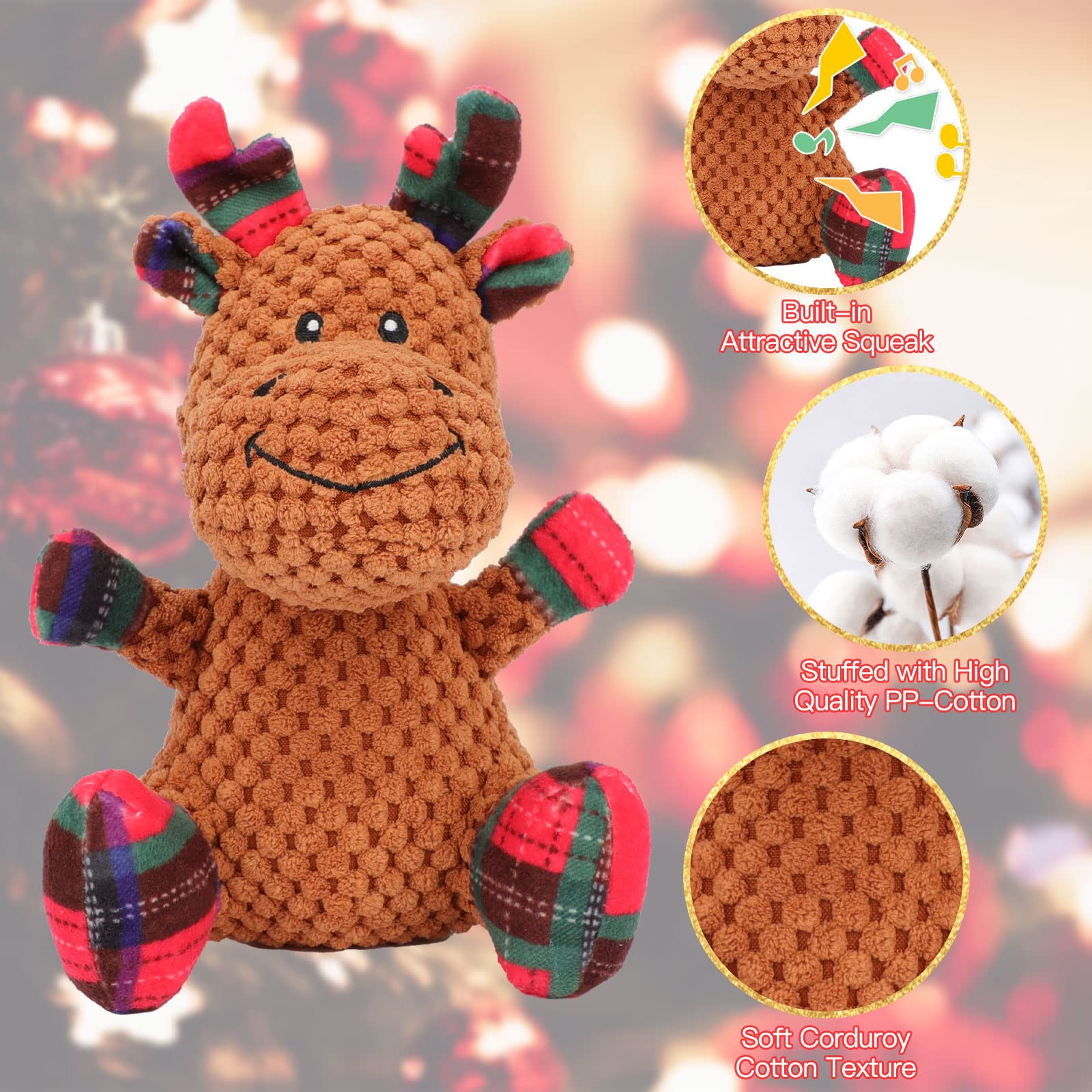 Durable Rypet Christmas Squeaky Plush Dog Toy - Reindeer Stuffed Puppy Chew Toy for Small & Medium Dogs | Holiday Gift & Interactive Playtime
