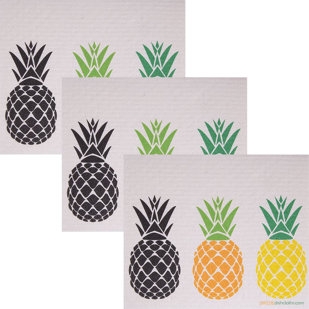 Eco-Friendly Cellulose Sponge Dish Towels - Set of 3 Absorbent Reusable Pineapple Print Swedish Dishcloths for Kitchen Cleaning, Dishes & Countertops