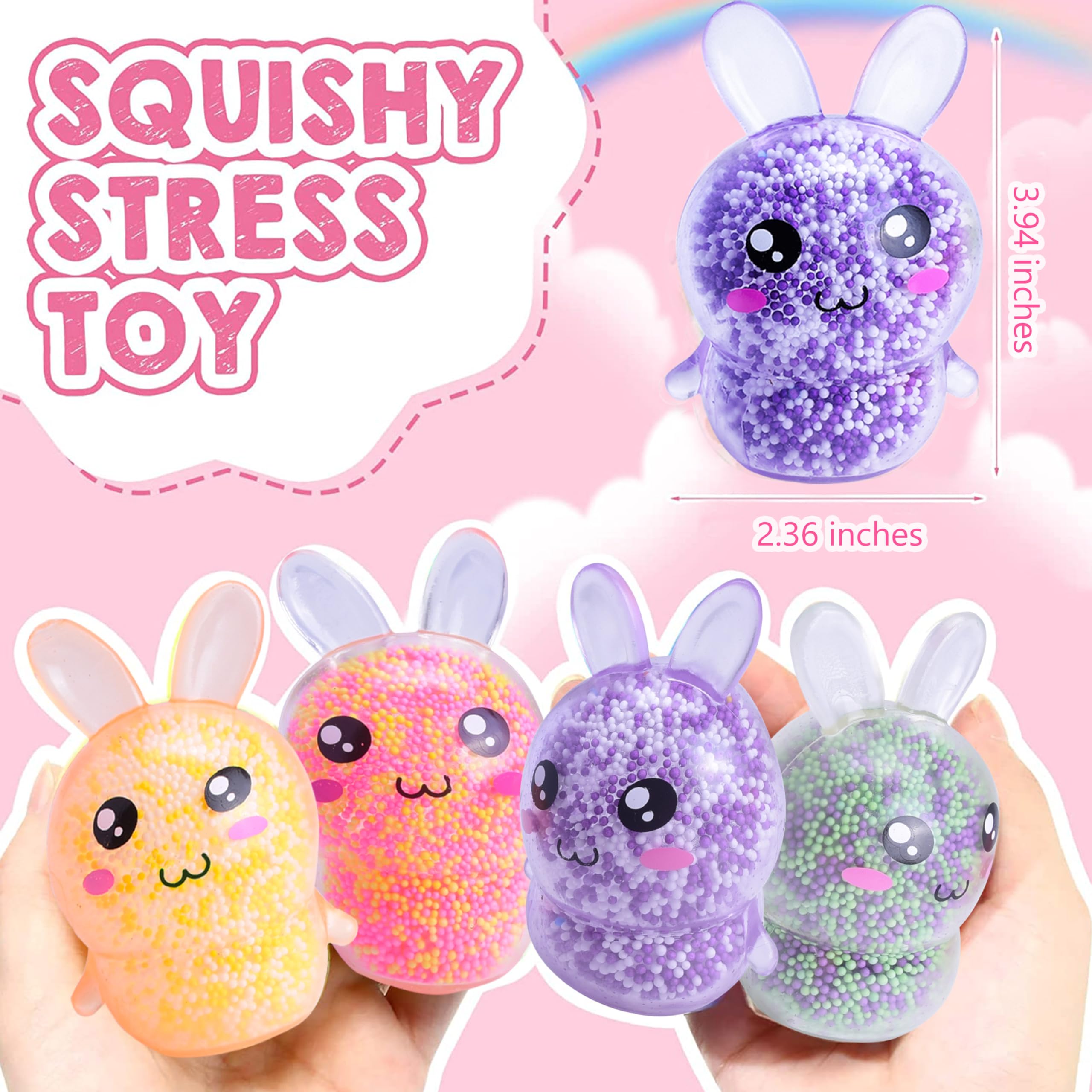 Easter Squishy Bunny Stress Balls - 8 Pack Cute Rabbit Toys for Kids, Toddlers, Teens & Adults - Easter Basket Stuffers Bulk with Gift Packaging - Perfect for Stress Relief, Party Favors & Easter Gifts