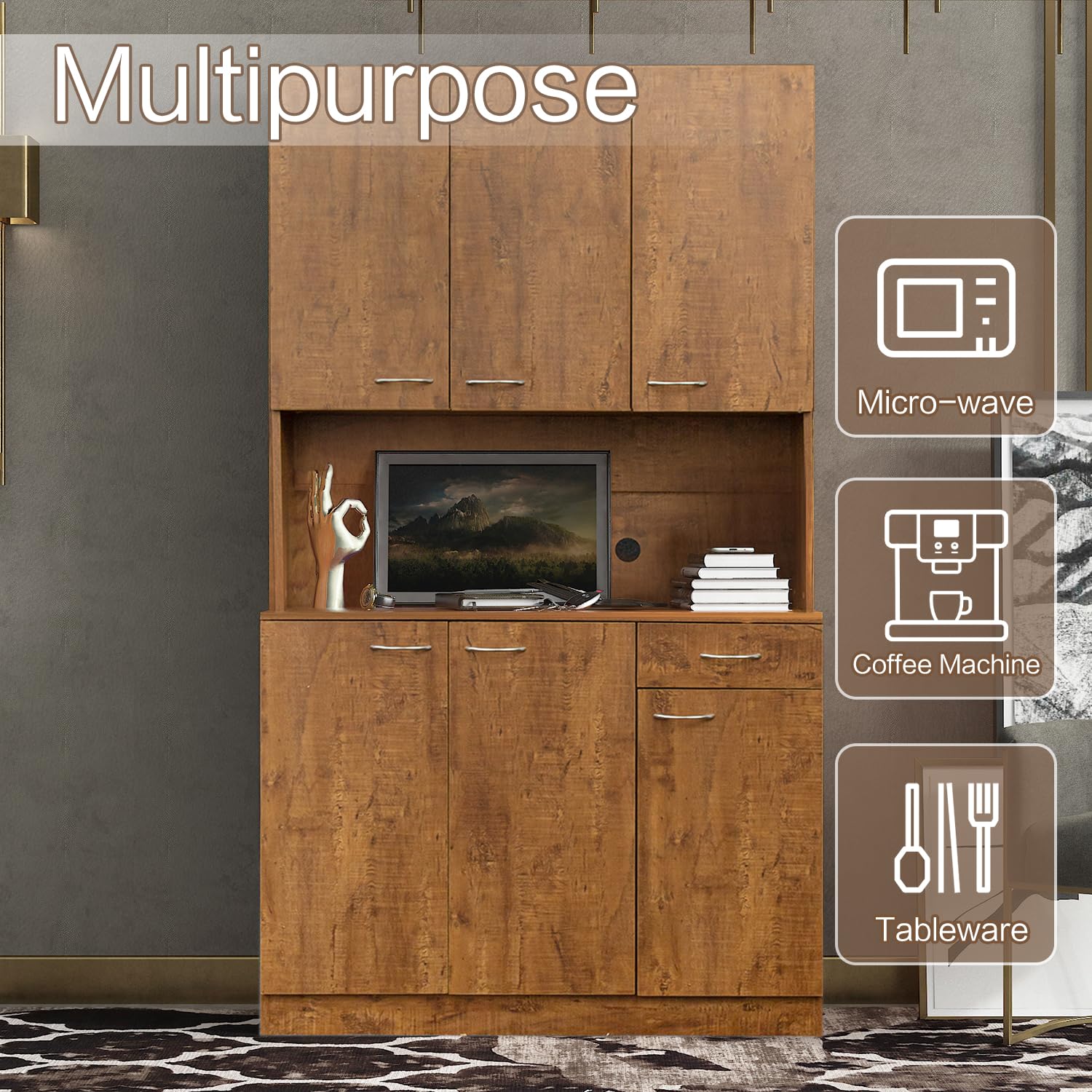 WERSMT Freestanding Kitchen Pantry Cabinet with Storage - Microwave Hutch, Buffet Cabinet, Tall Storage Unit with Door & Drawer in Walnut Finish | Perfect for Small Kitchens, Dining Rooms & Home Organization