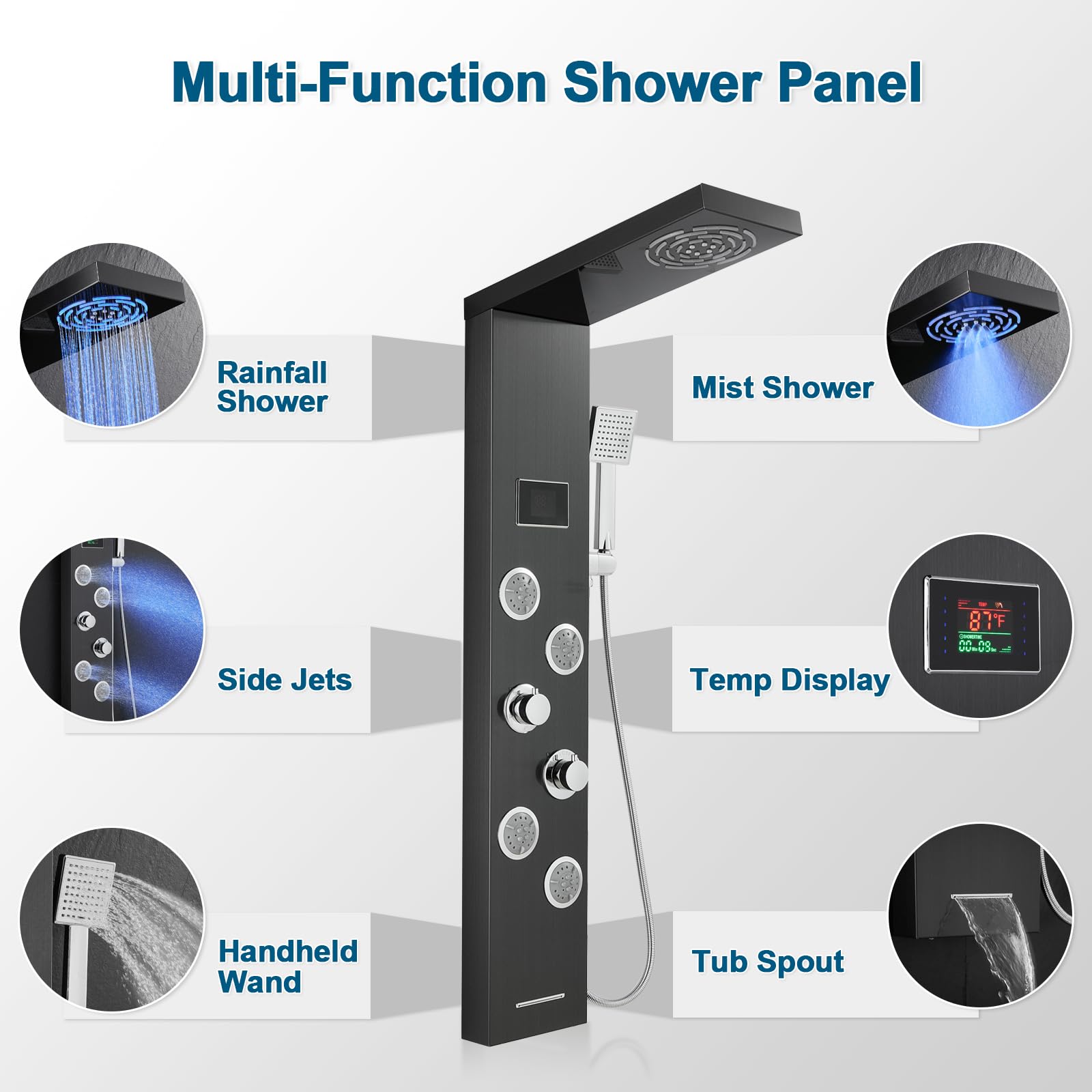 ROVOGO 5-Function Shower Panel Tower System with LED Lights & Temperature Display - Rainfall, Mist, Body Jets, Handheld & Tub Spout - 304 Stainless Steel Black - No Battery Needed - Perfect for Modern Bathroom & Spa-Like Shower Experience