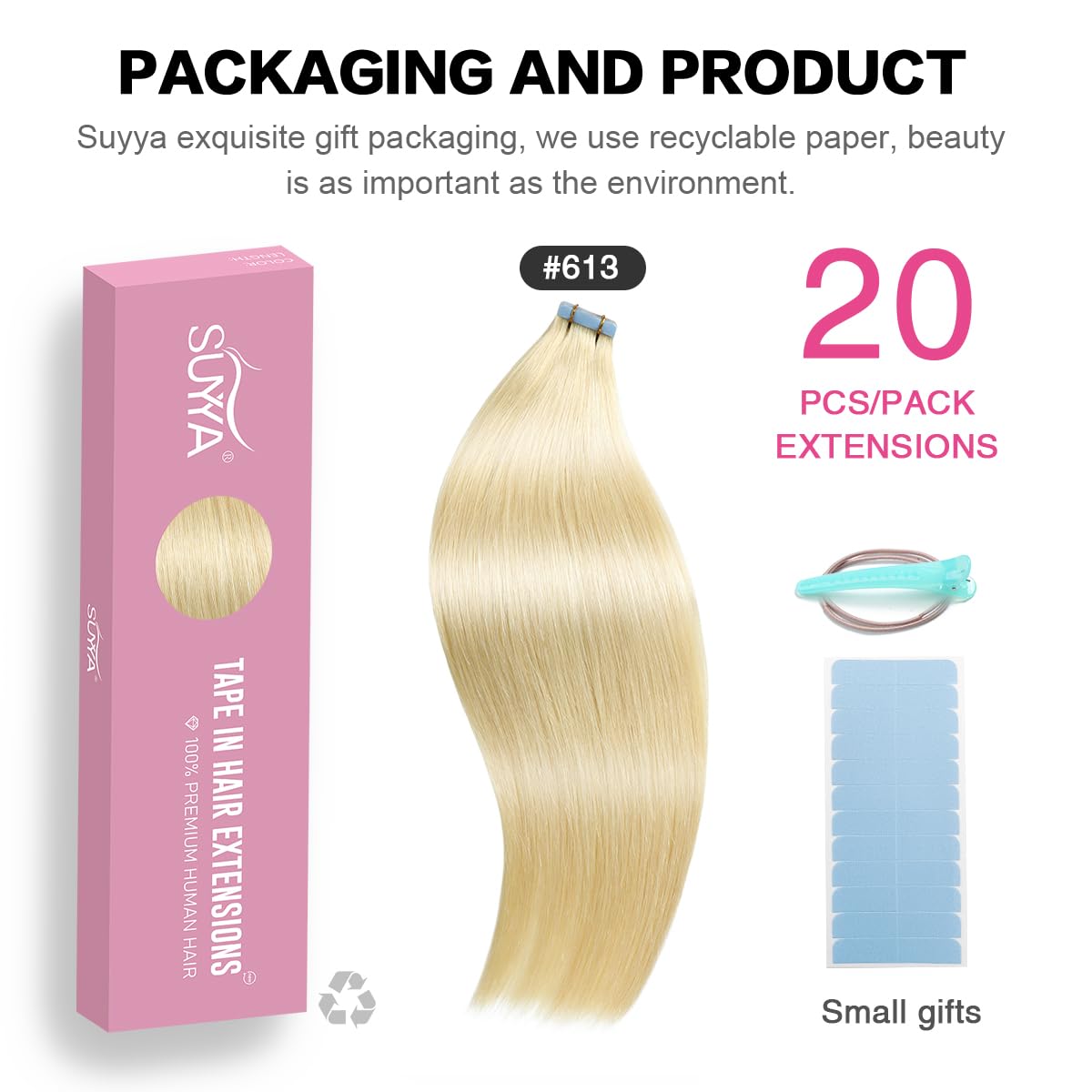 SUYYA 28 Inch Bleach Blonde Tape-in Hair Extensions - 60g/pack 20pcs Real Human Hair, Straight Seamless Skin Weft (#613) | Perfect for Parties, Weddings & Daily Styling