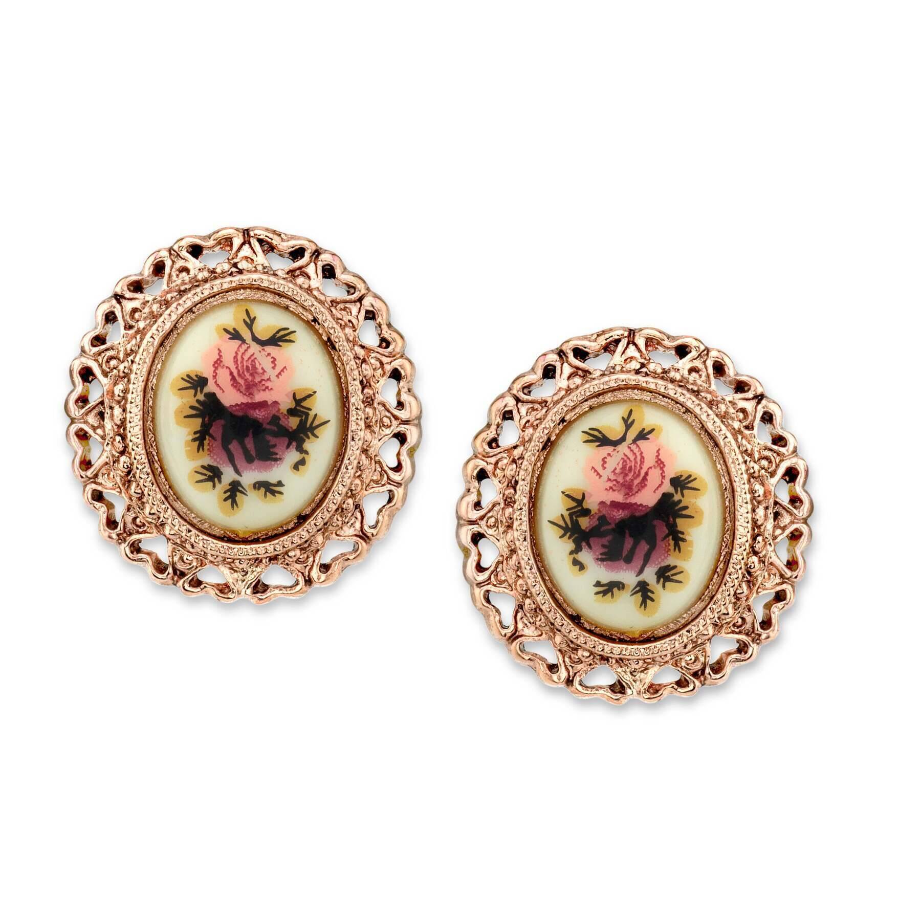 1928 Vintage Jewelry Manor House Pink & Purple Rose Flower Heart Button Earrings - Perfect for Weddings, Parties & Romantic Gifts
