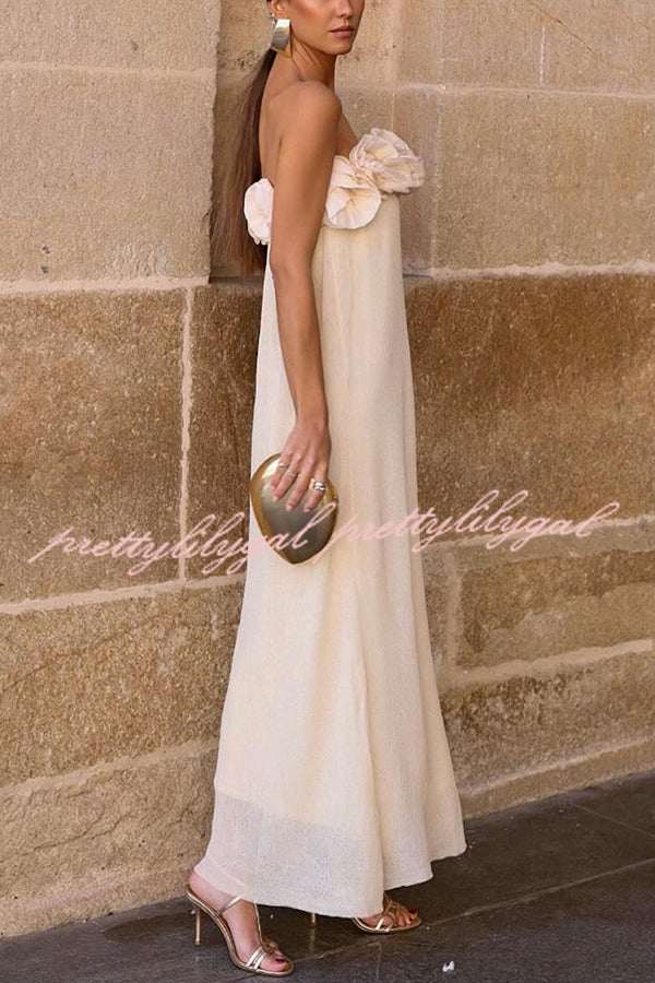 Blooming Chic Floral Applique Elastic Off-Shoulder Strapless Maxi Dress for Women - Perfect for Beach Vacations, Summer Parties & Boho Weddings